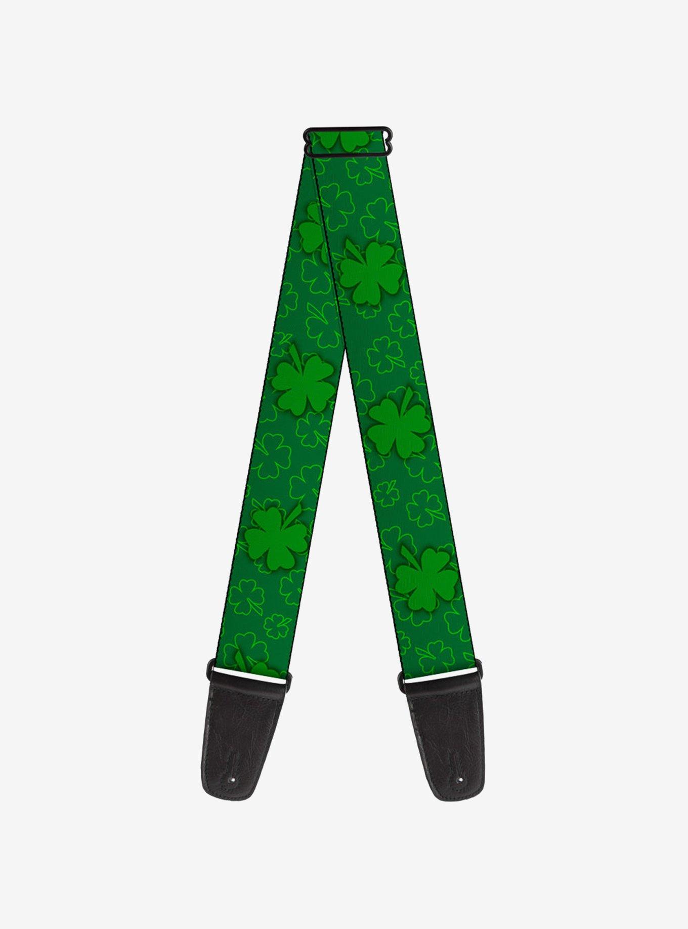 St. Patrick's Day Clovers Scattered Outline Solid Green Guitar Strap, , hi-res