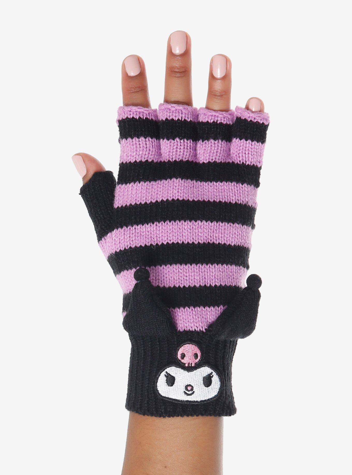 Kuromi Stripe 3D Ears Knit Fingerless Gloves, , hi-res