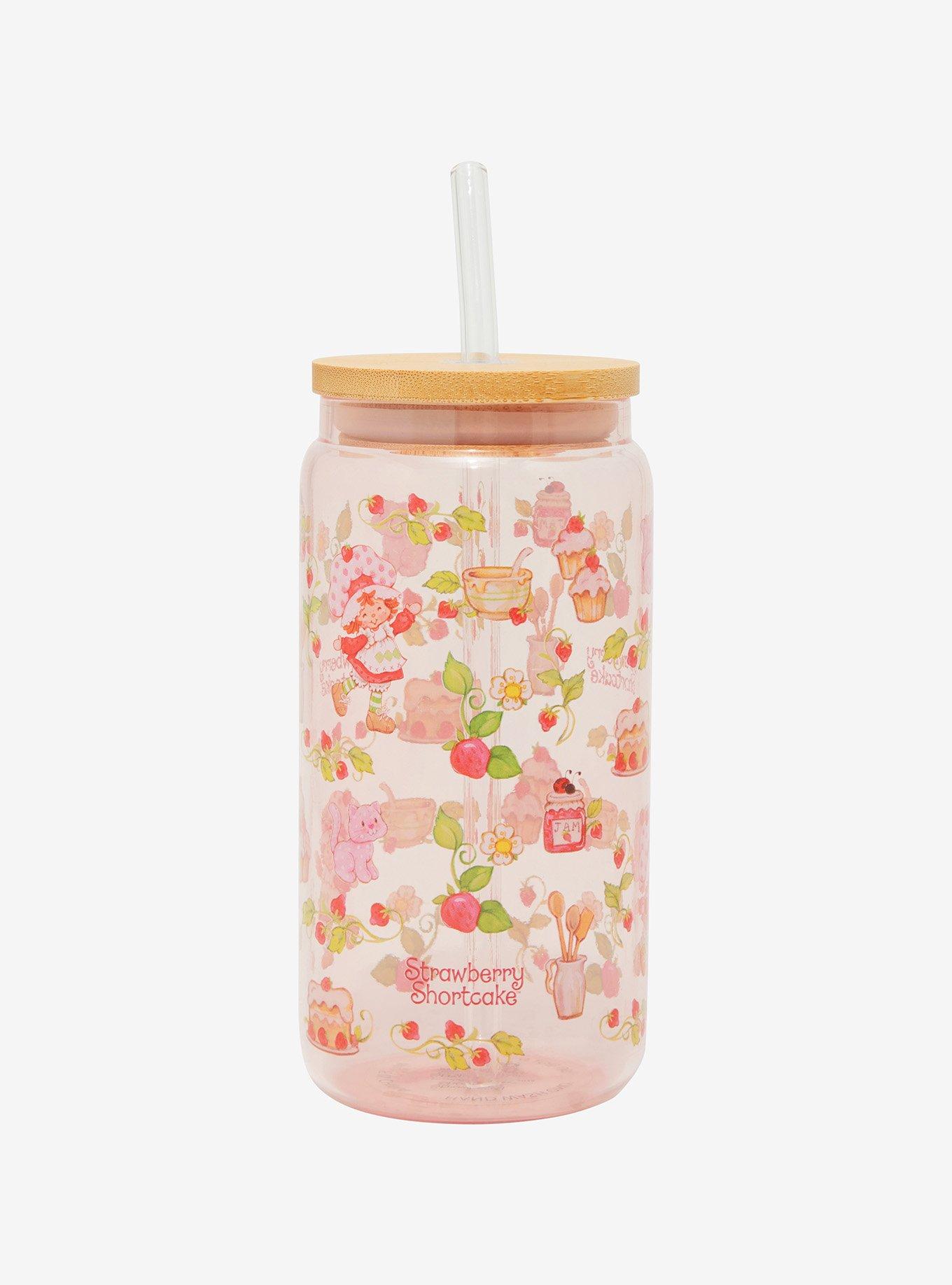 Strawberry Shortcake Custard & Strawberry Allover Print Glass Cup with Straw - BoxLunch Exclusive, , hi-res