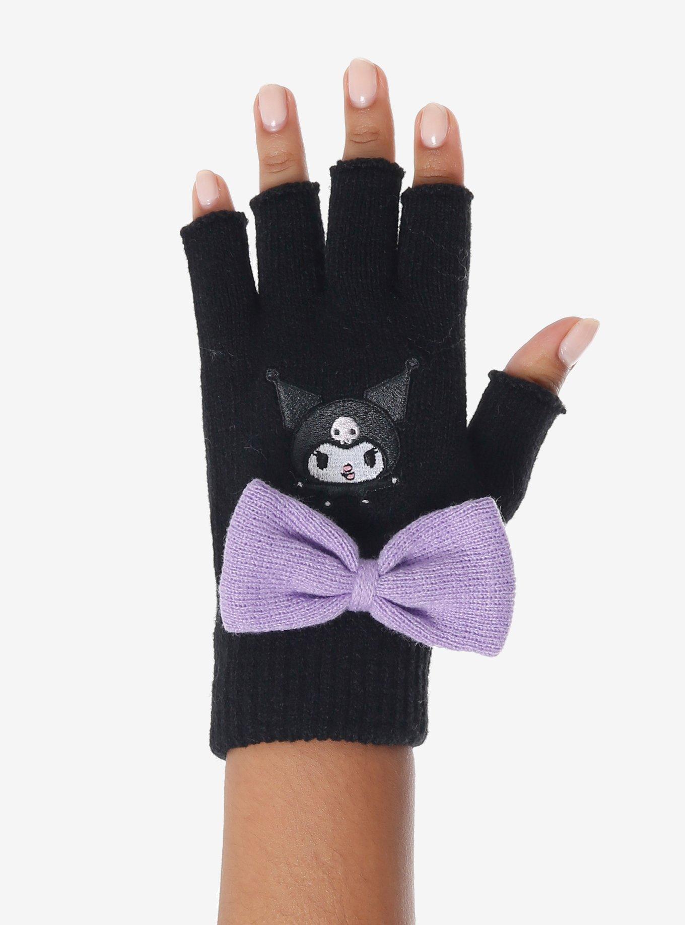 Kuromi Plush Bow Fingerless Gloves, , hi-res