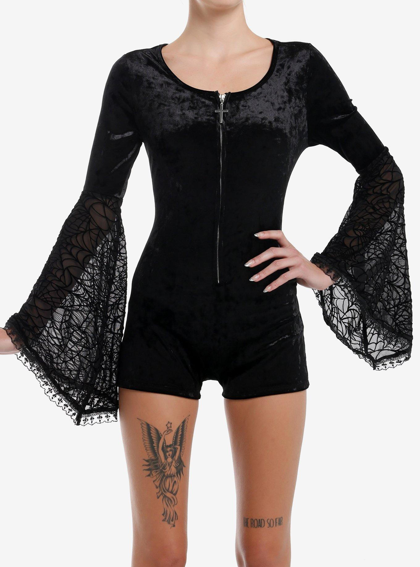 Cosmic Aura Black Velvet Spiderweb Bell Sleeve Lounge Romper