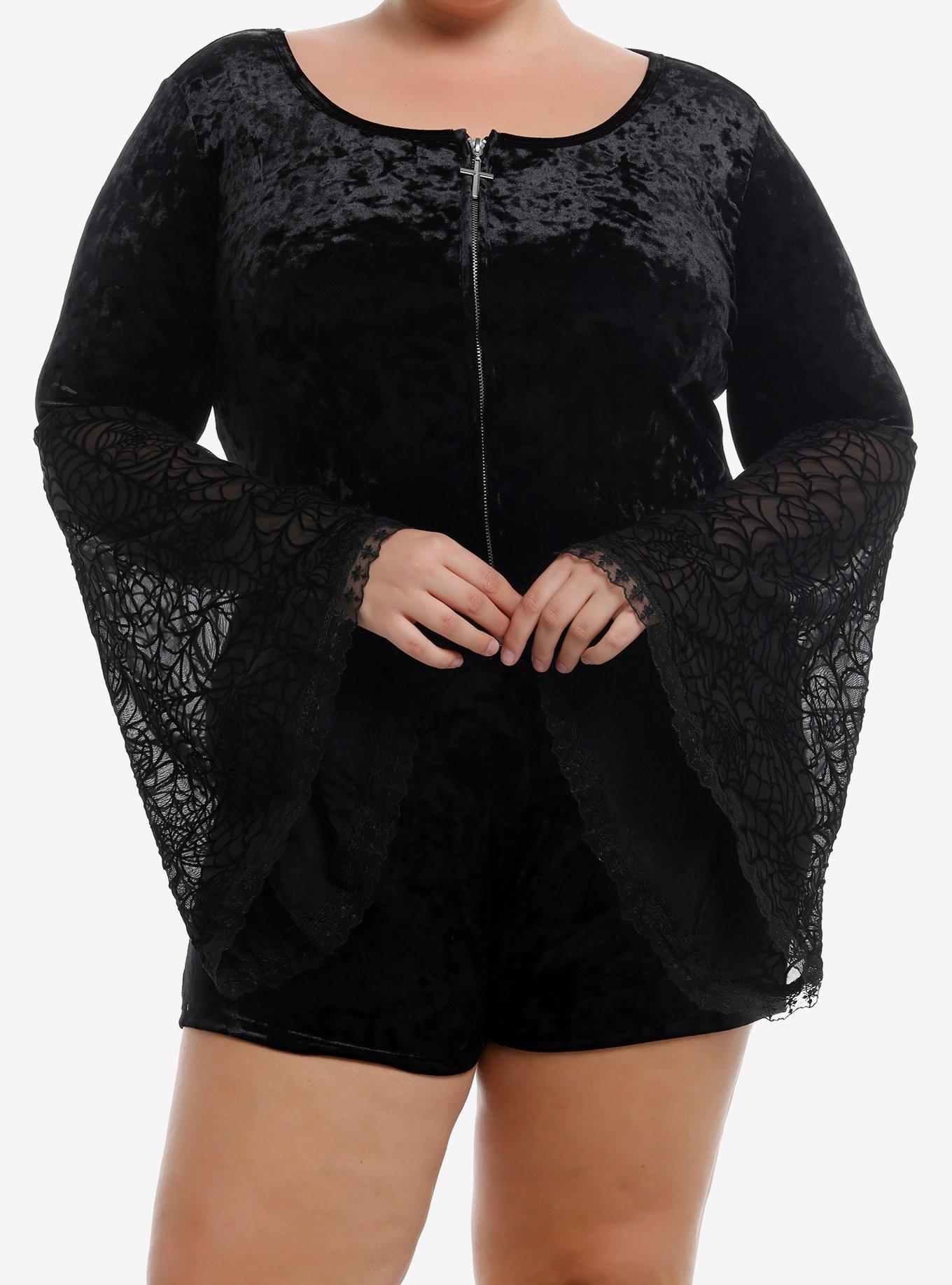 Cosmic Aura Black Velvet Spiderweb Bell Sleeve Lounge Romper Plus Size