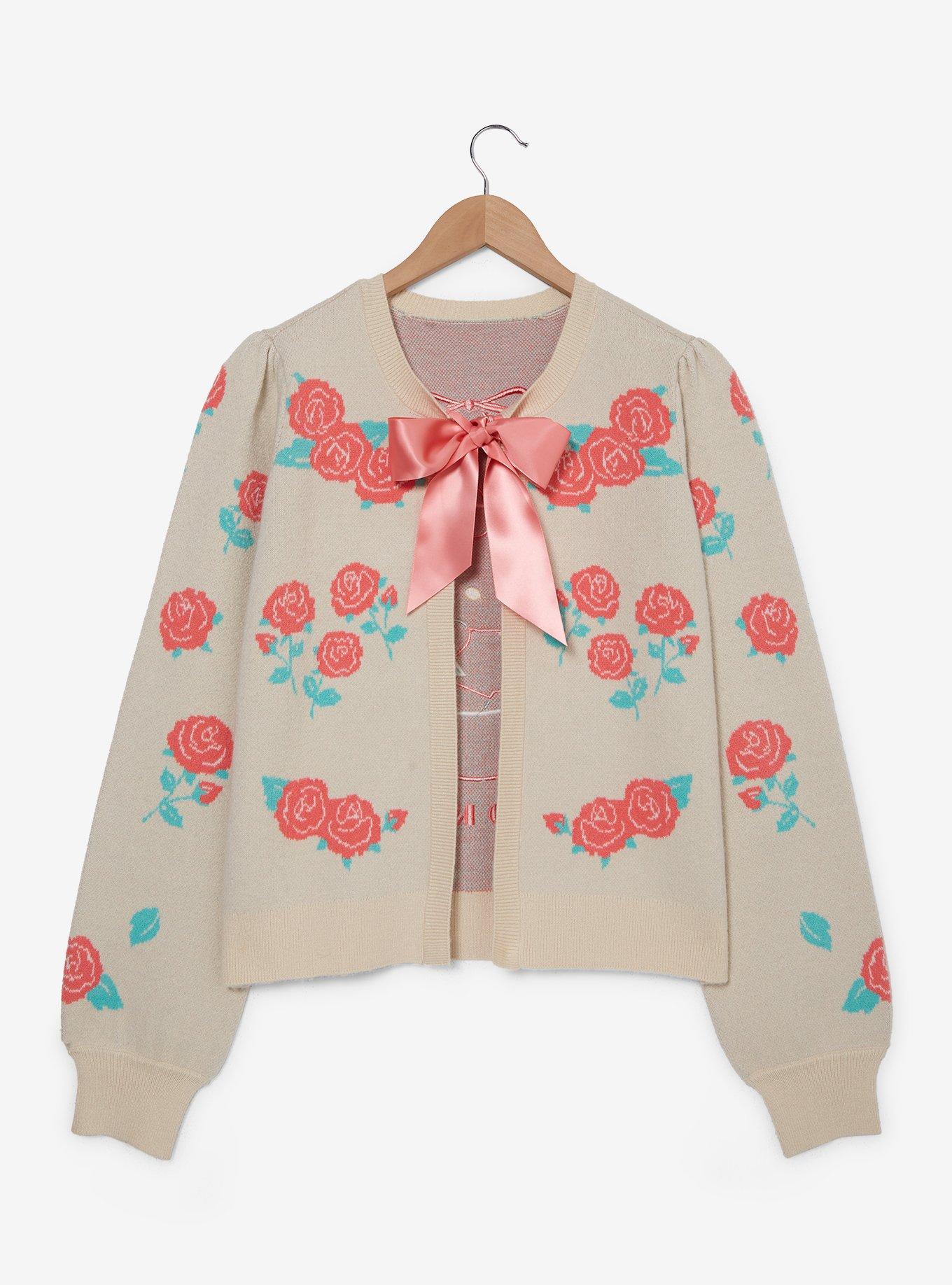 Sanrio Hello Kitty Retro Floral Tie Women's Plus Size Cardigan &mdash; BoxLunch Exclusive, NATURAL, hi-res