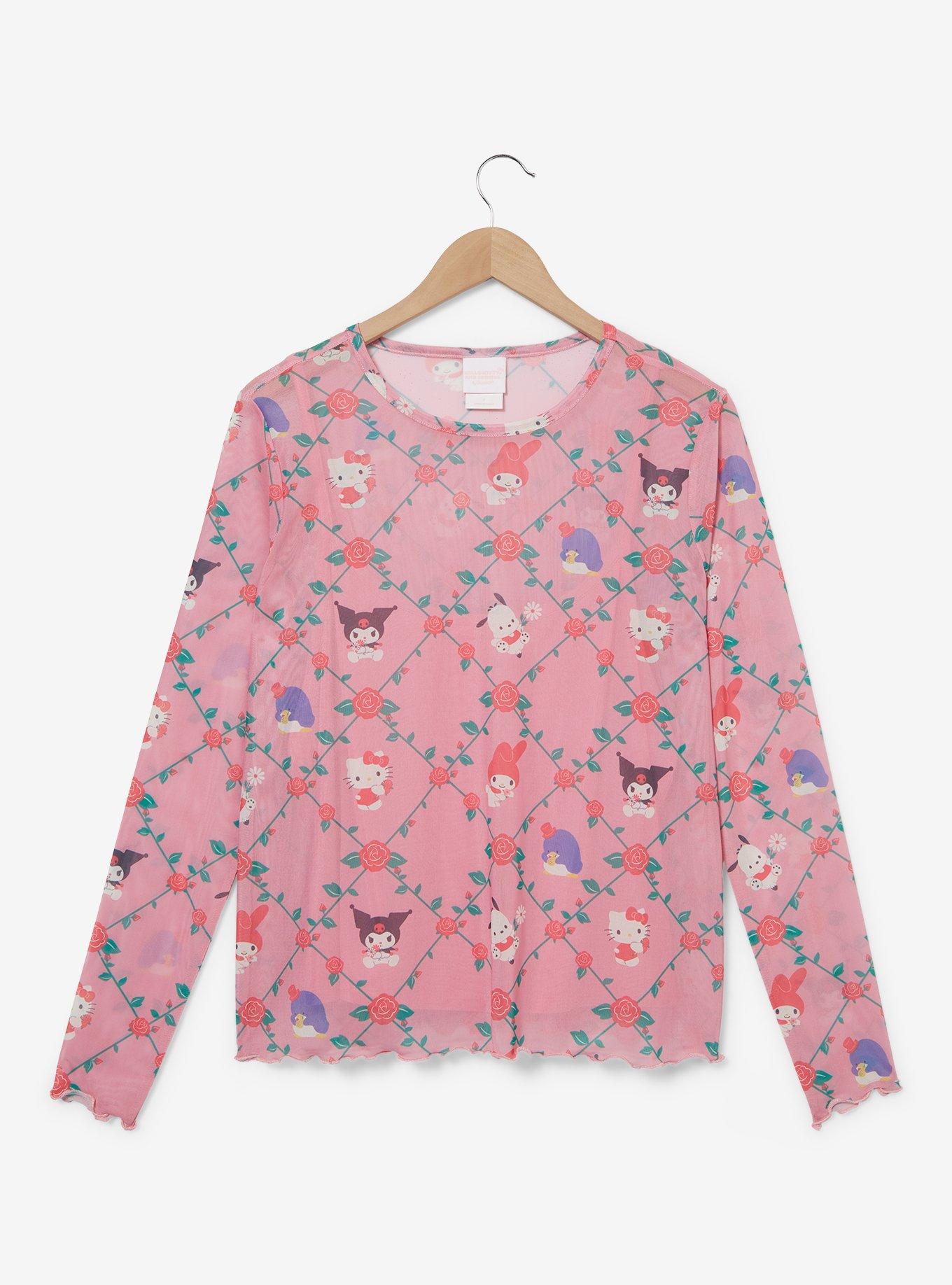 Sanrio Kuromi Mesh Layered Long Sleeve Women's Plus Size T Shirt — BoxLunch Exclusive, PINK, hi-res