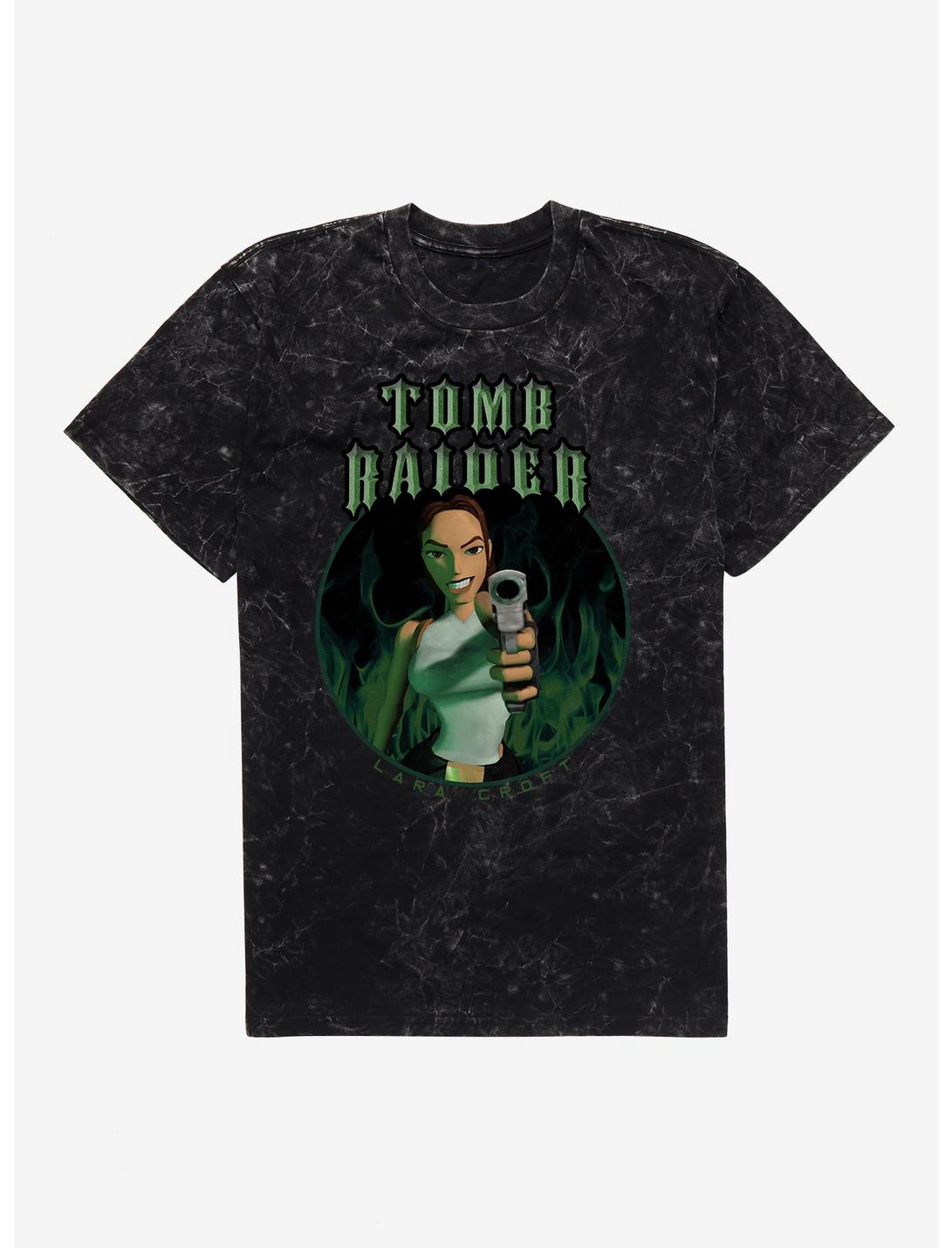 Tomb Raider Lara Croft Green Flames Mineral Wash T-Shirt, BLACK MINERAL WASH, hi-res