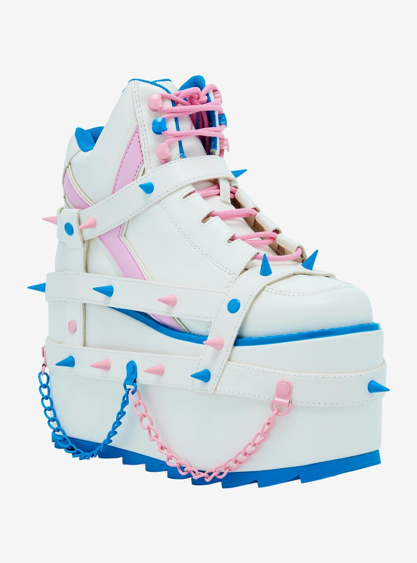 YRU White Pastel Spike & Chain Qozmo Platform Sneakers | Hot