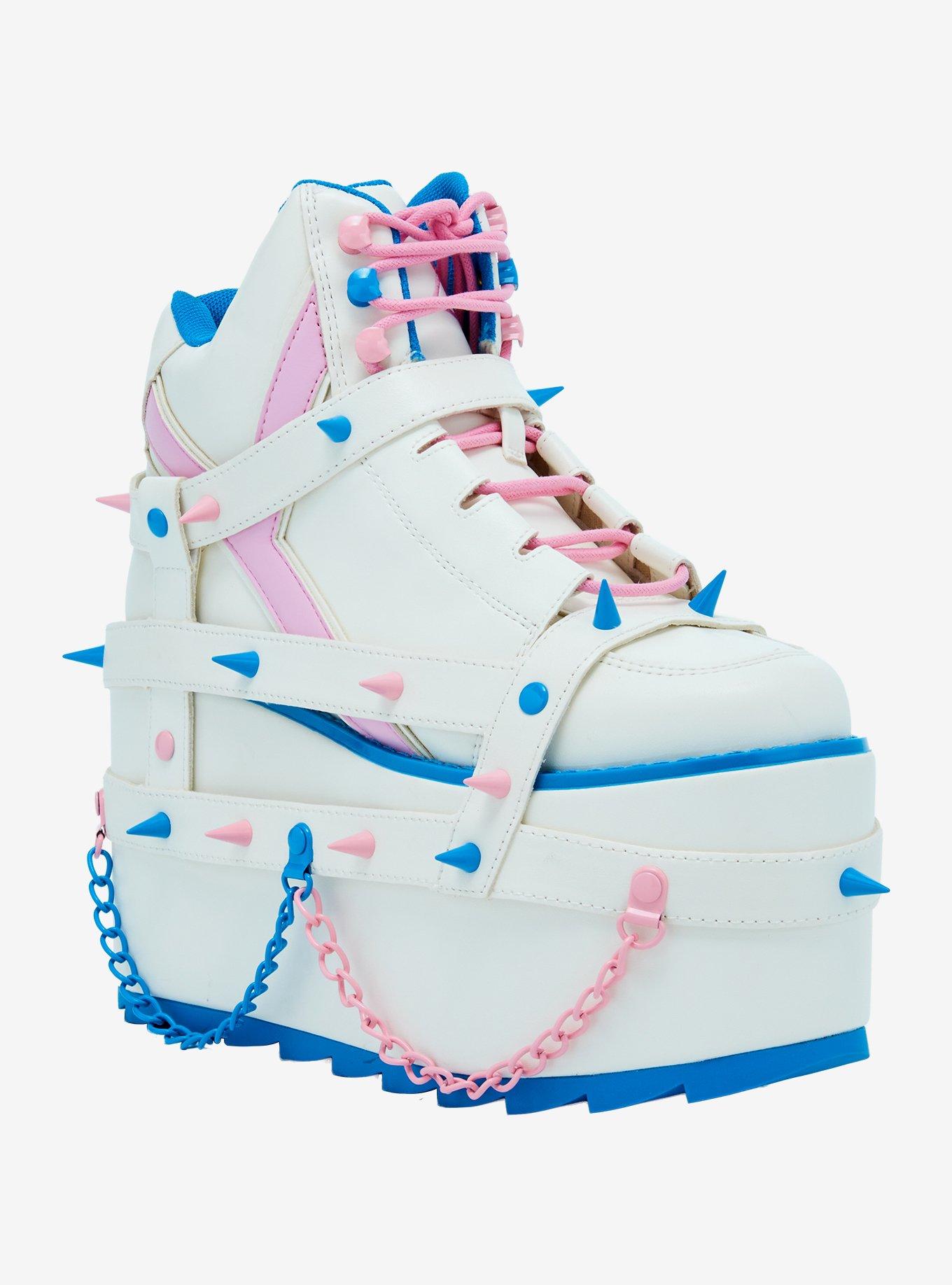 YRU White Pastel Spike & Chain Qozmo Platform Sneakers, , hi-res