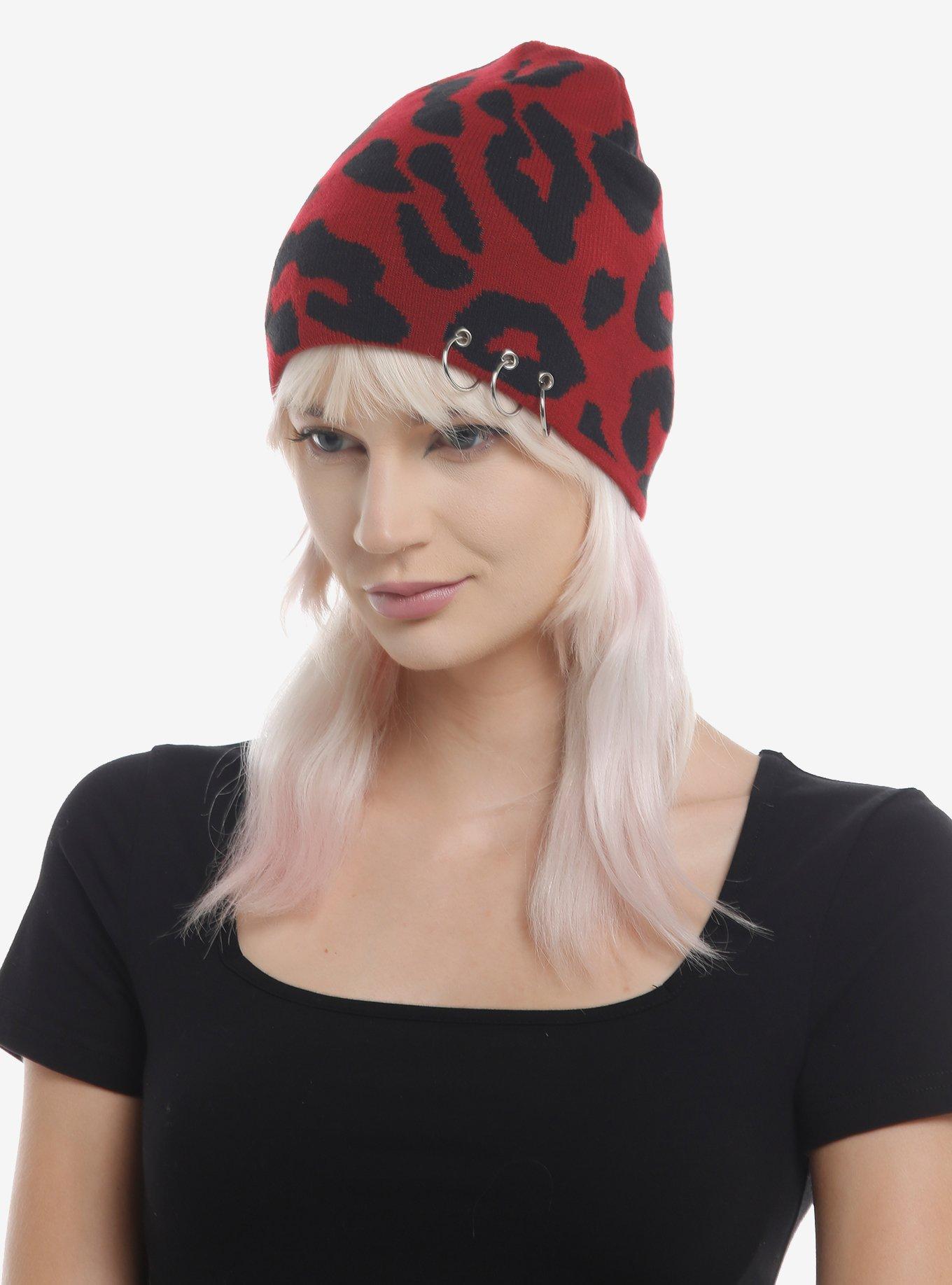 Red Leopard Pierced Beanie, , hi-res