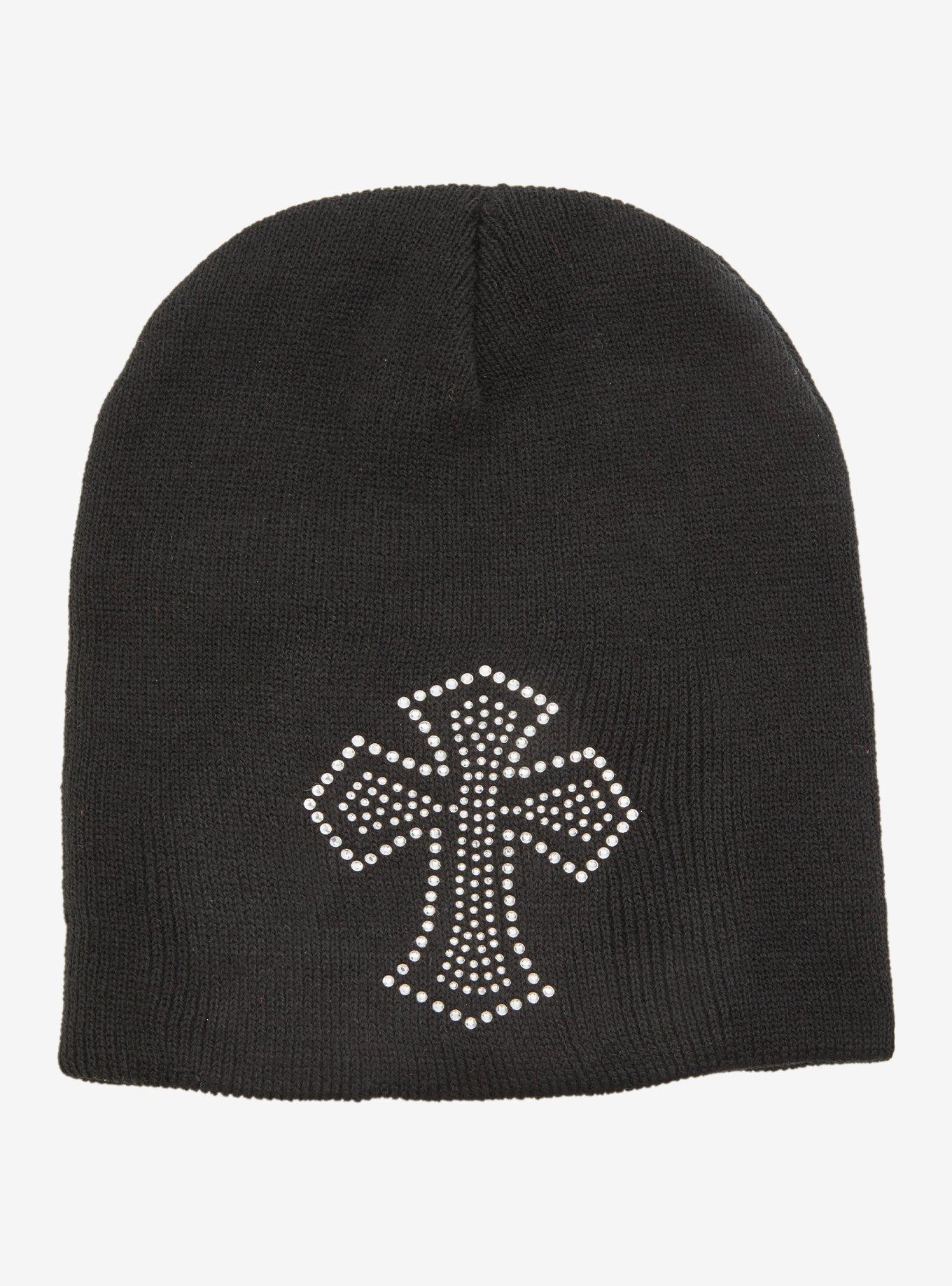 Black Rhinestone Cross Beanie, , hi-res