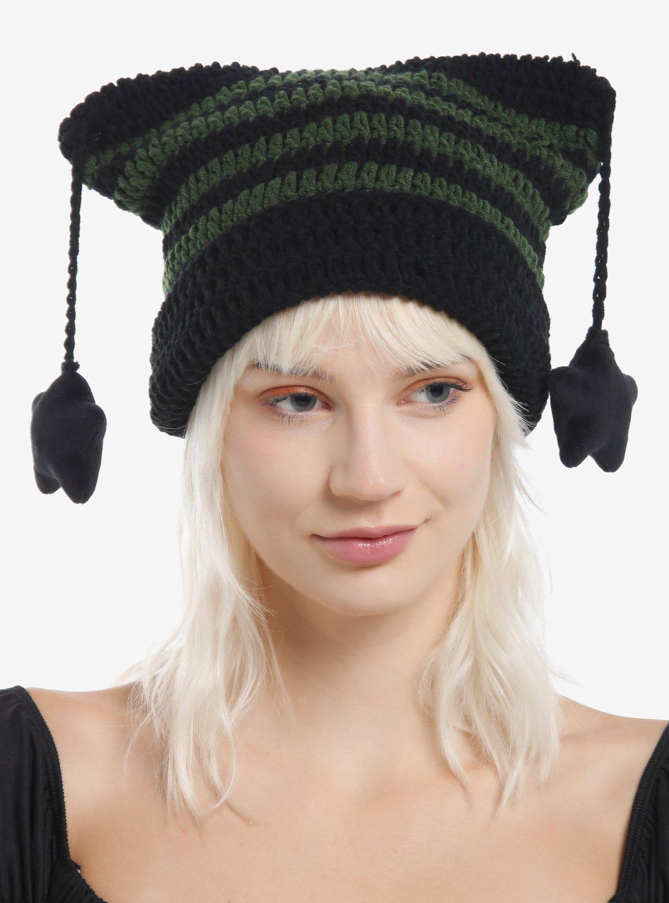 Black & Green Stripe Star Tassel Ear Beanie, , hi-res