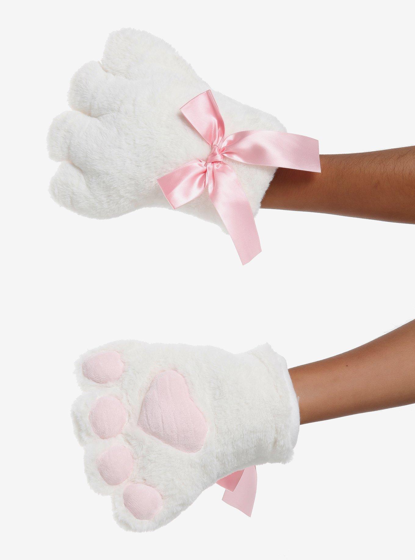 Pink & White Cat Paw Plush Gloves, , hi-res