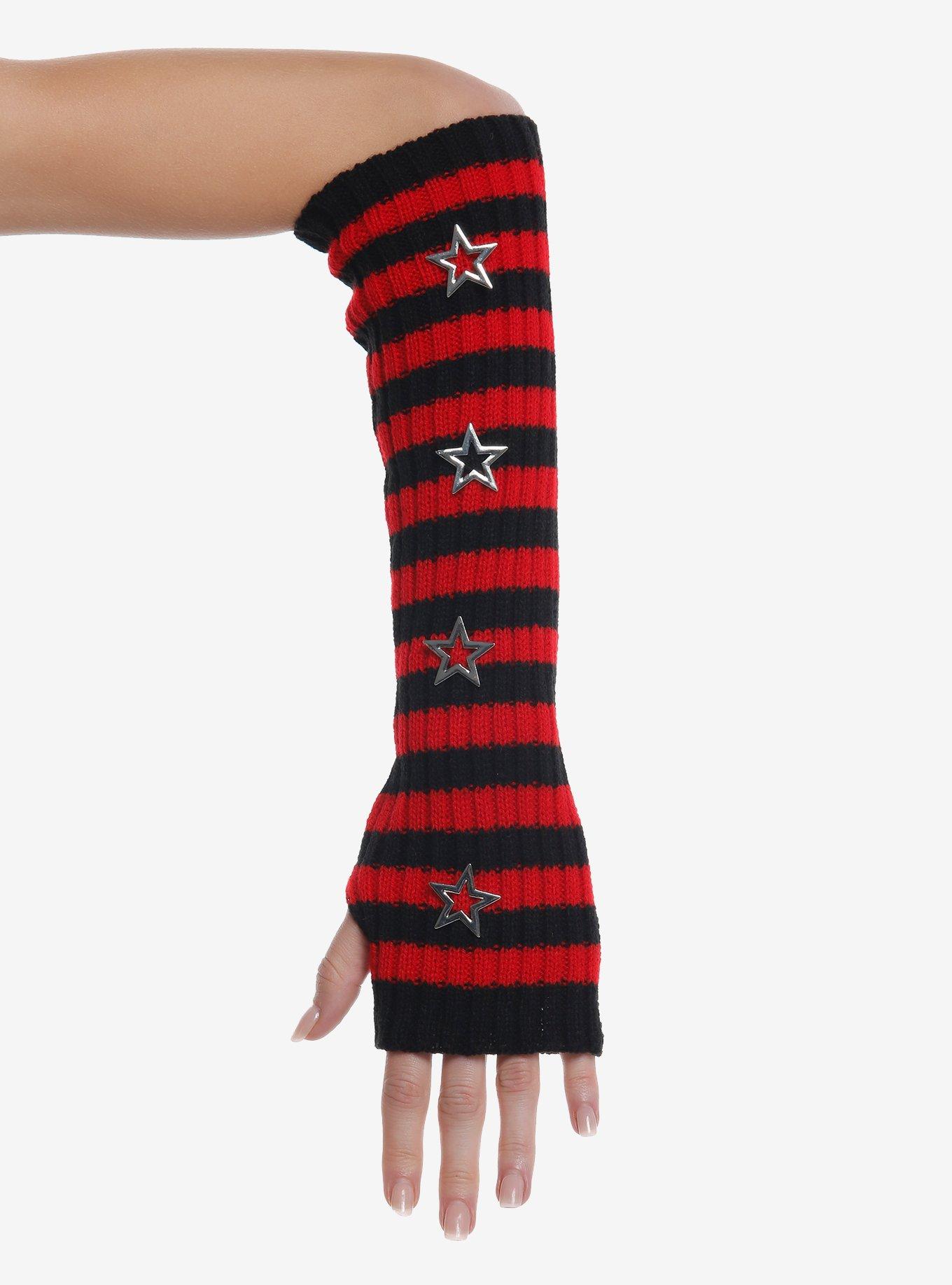 Black & Red Stripe Star Stud Arm Warmers, , hi-res
