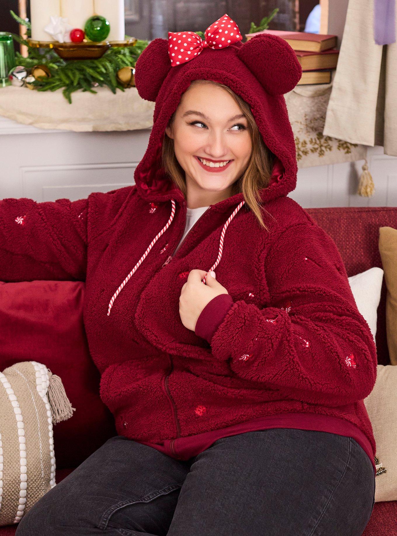 Her Universe Disney Minnie Mouse Peppermint Sherpa Hoodie Plus Size Her Universe Exclusive, BURGUNDY, hi-res