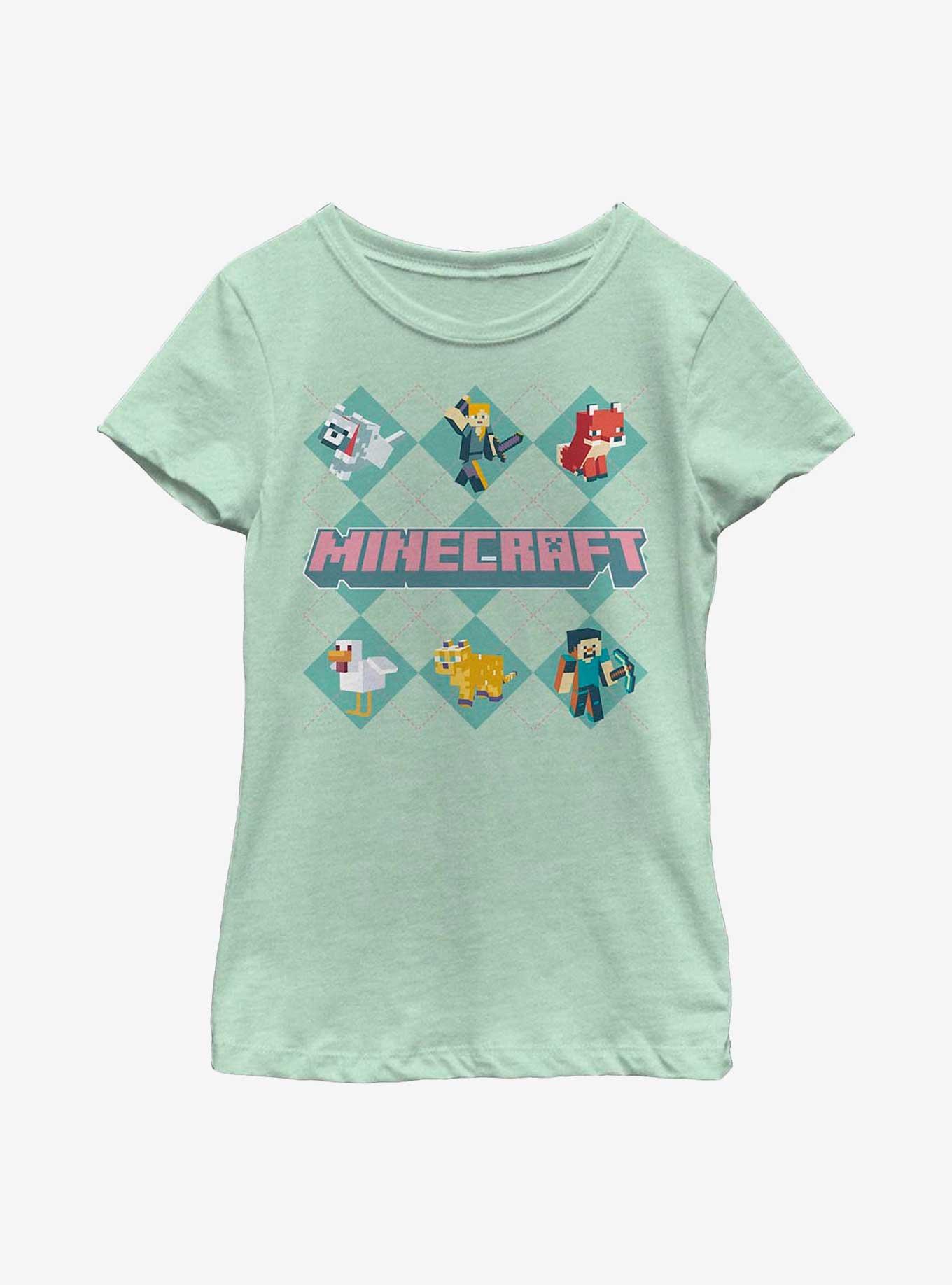 Minecraft Characters Argyle Style Youth Girls T-Shirt, MINT, hi-res