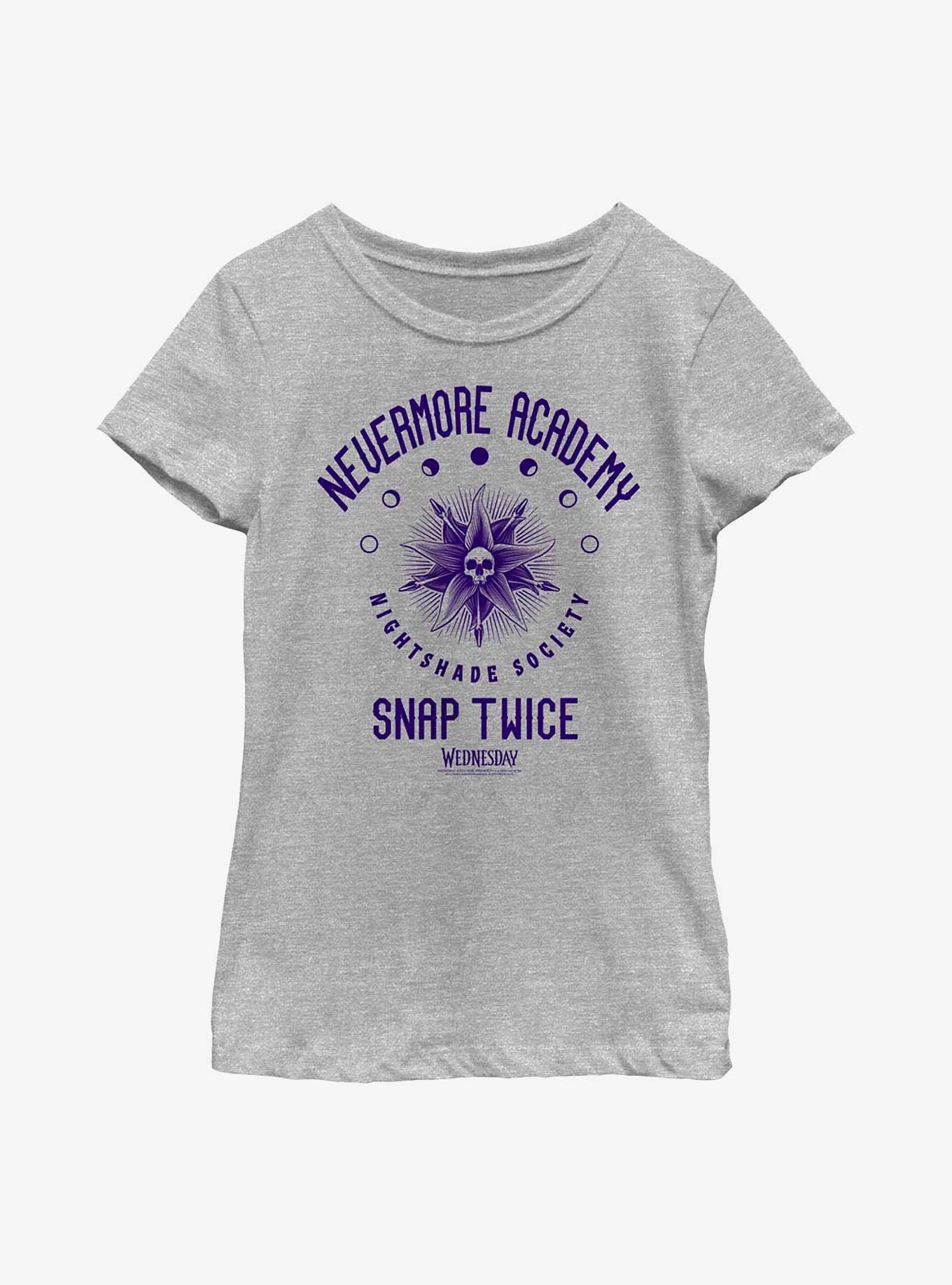 Wednesday Nevermore Academy Nightshade Society Youth Girls T-Shirt, ATH HTR, hi-res