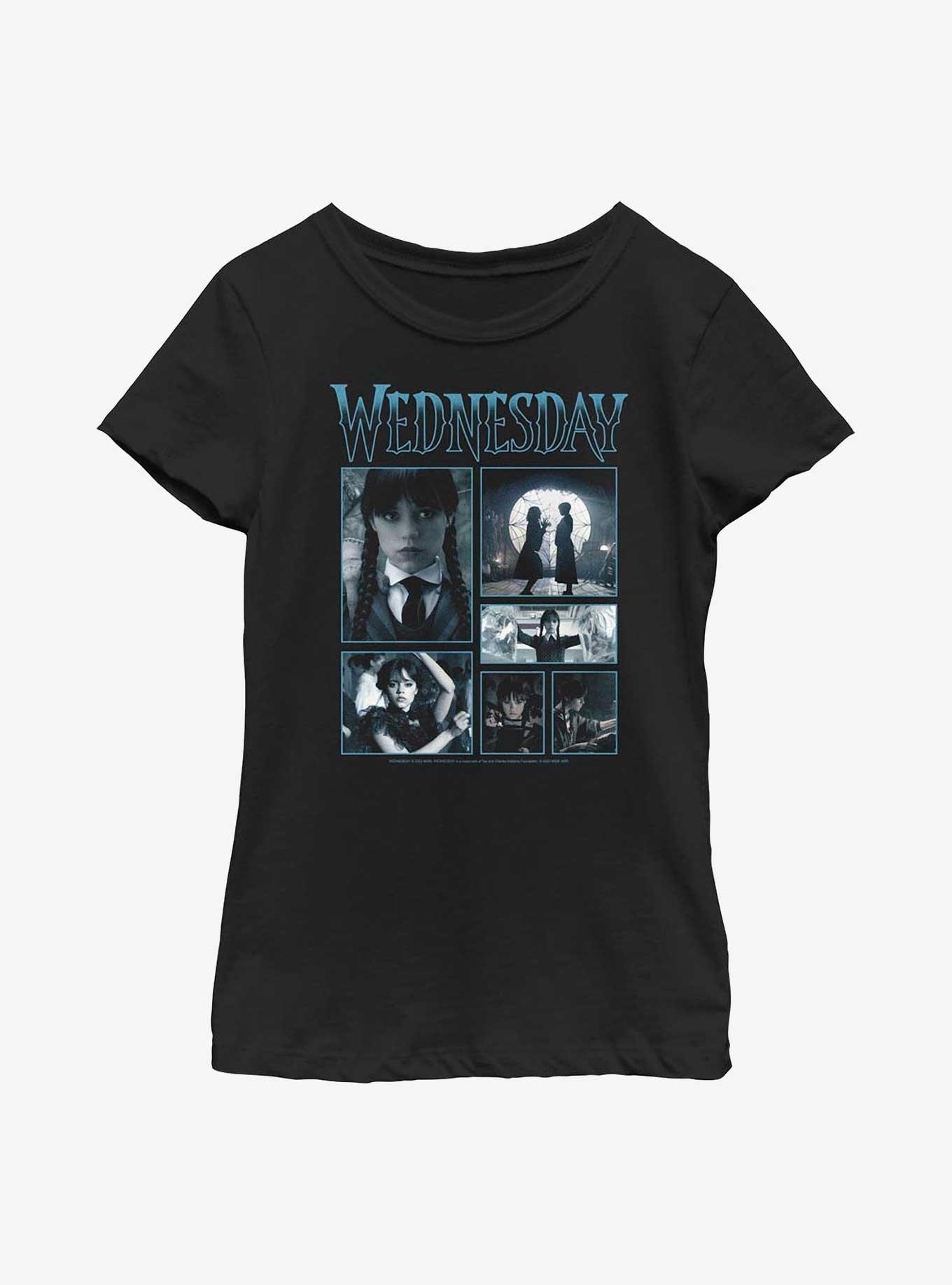 Wednesday Scene Collage Youth Girls T-Shirt, BLACK, hi-res