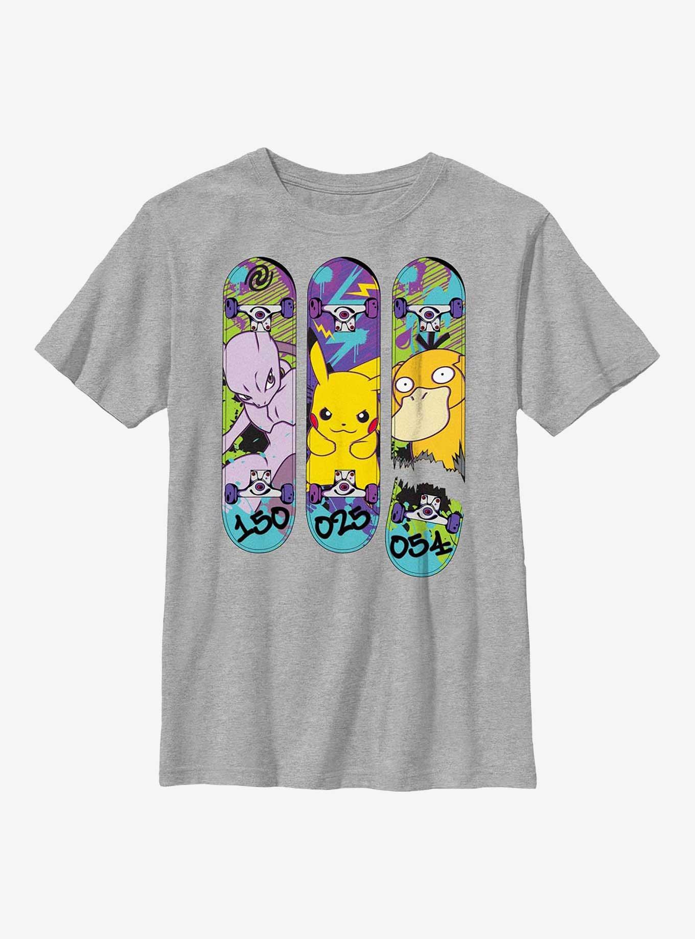 Pokemon Mewtwo Pikachu Psyduck Skateboard Deck Youth T-Shirt, ATH HTR, hi-res