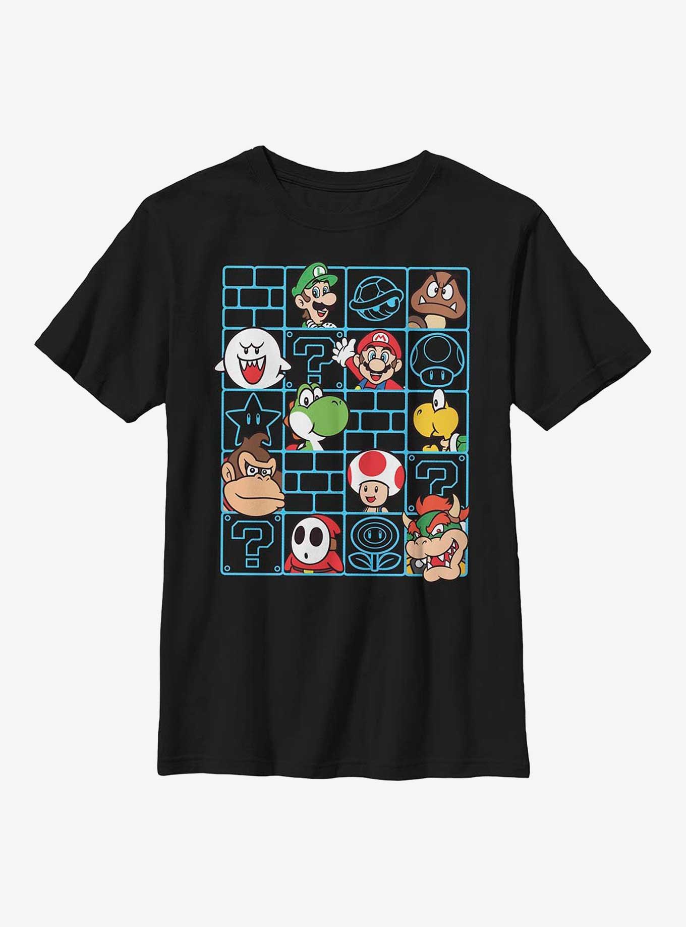 Nintendo Super Mario Character Wall Grid Youth T-Shirt, BLACK, hi-res