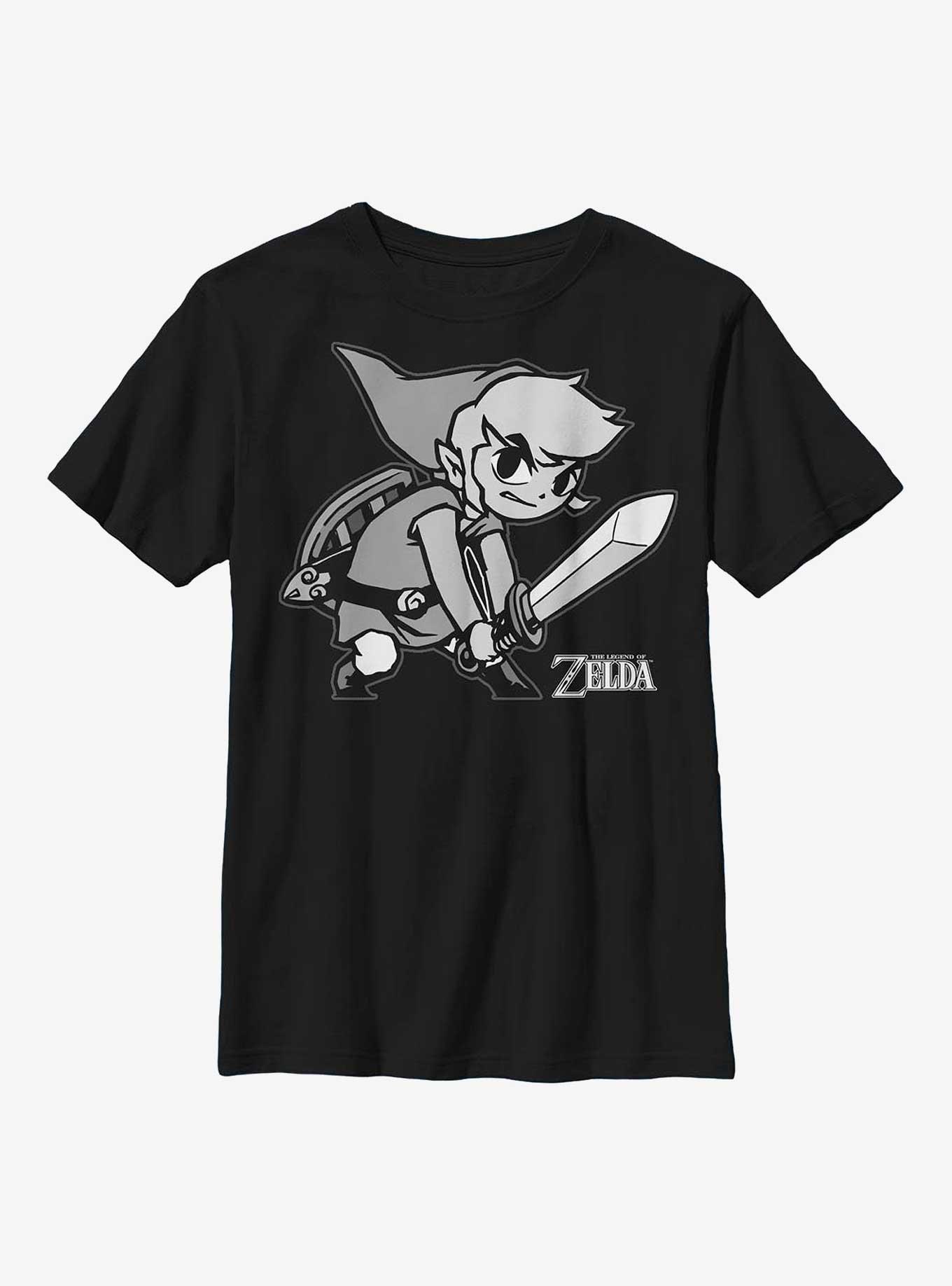 The Legend of Zelda Monochrome Link Fight Stance Youth T-Shirt, BLACK, hi-res