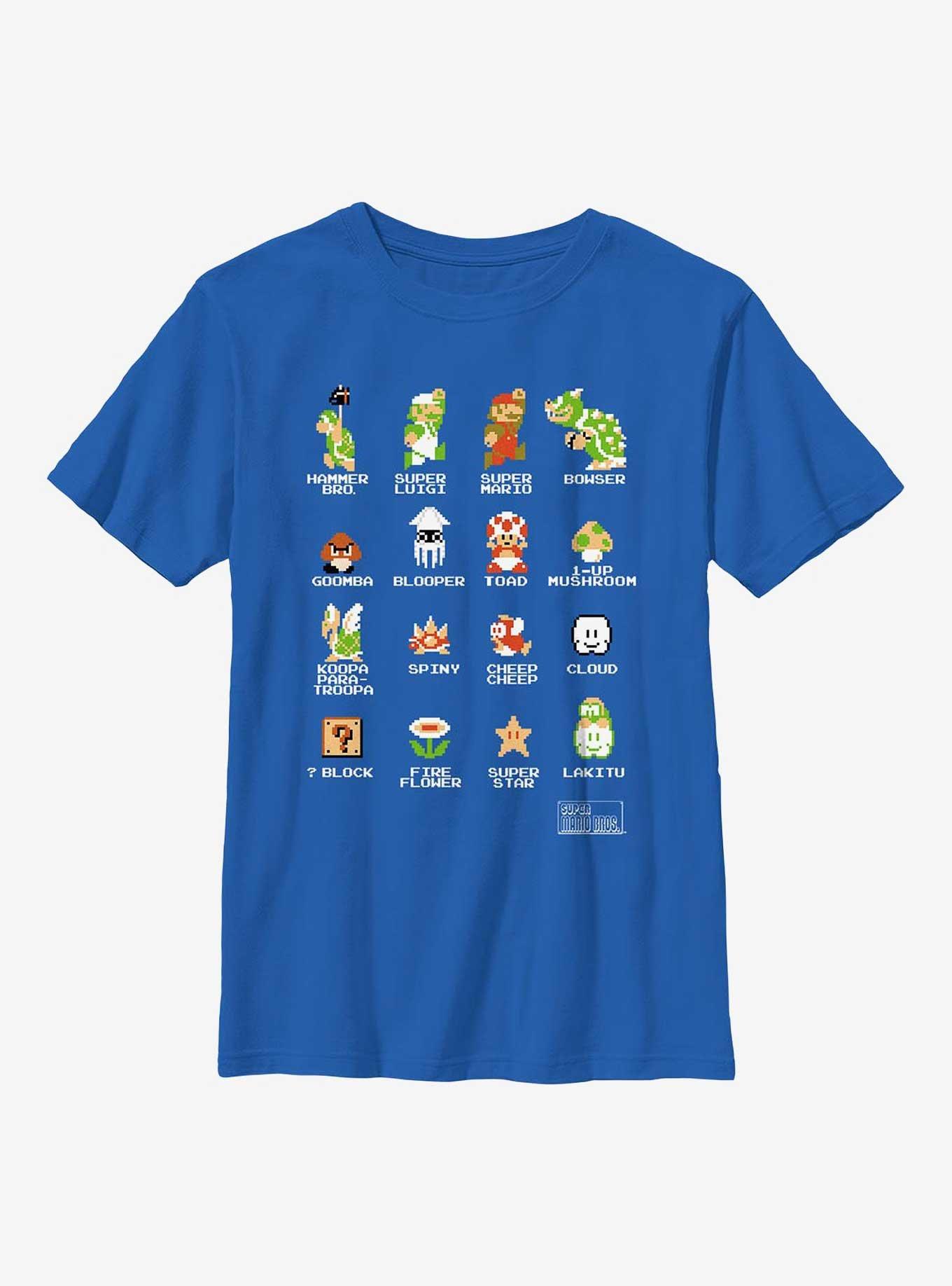 Nintendo Super Mario Pixel Characters Grid Youth T-Shirt, ROYAL, hi-res