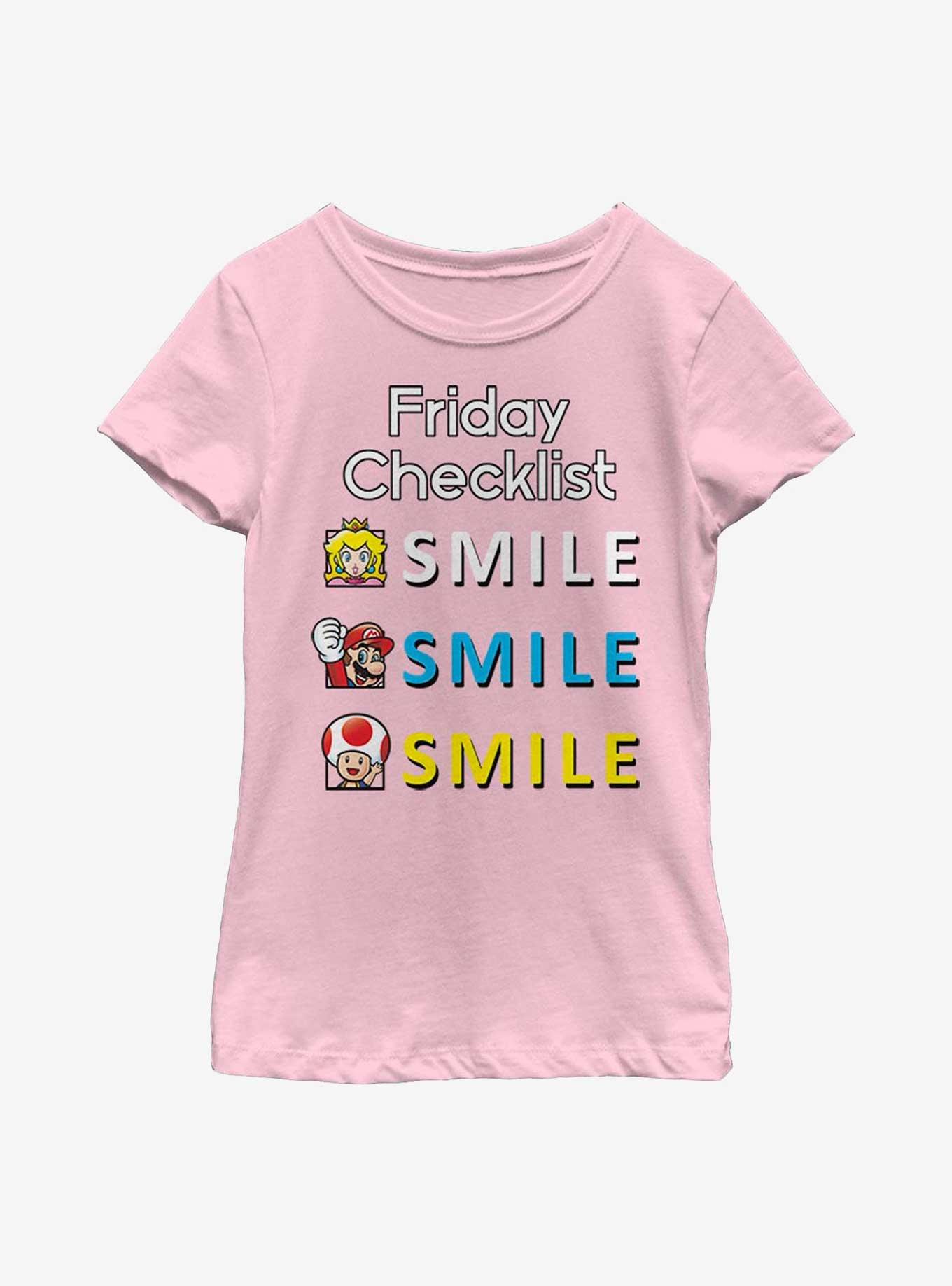 Nintendo Super Mario Friday Checklist Smile Youth Girls T-Shirt, PINK, hi-res