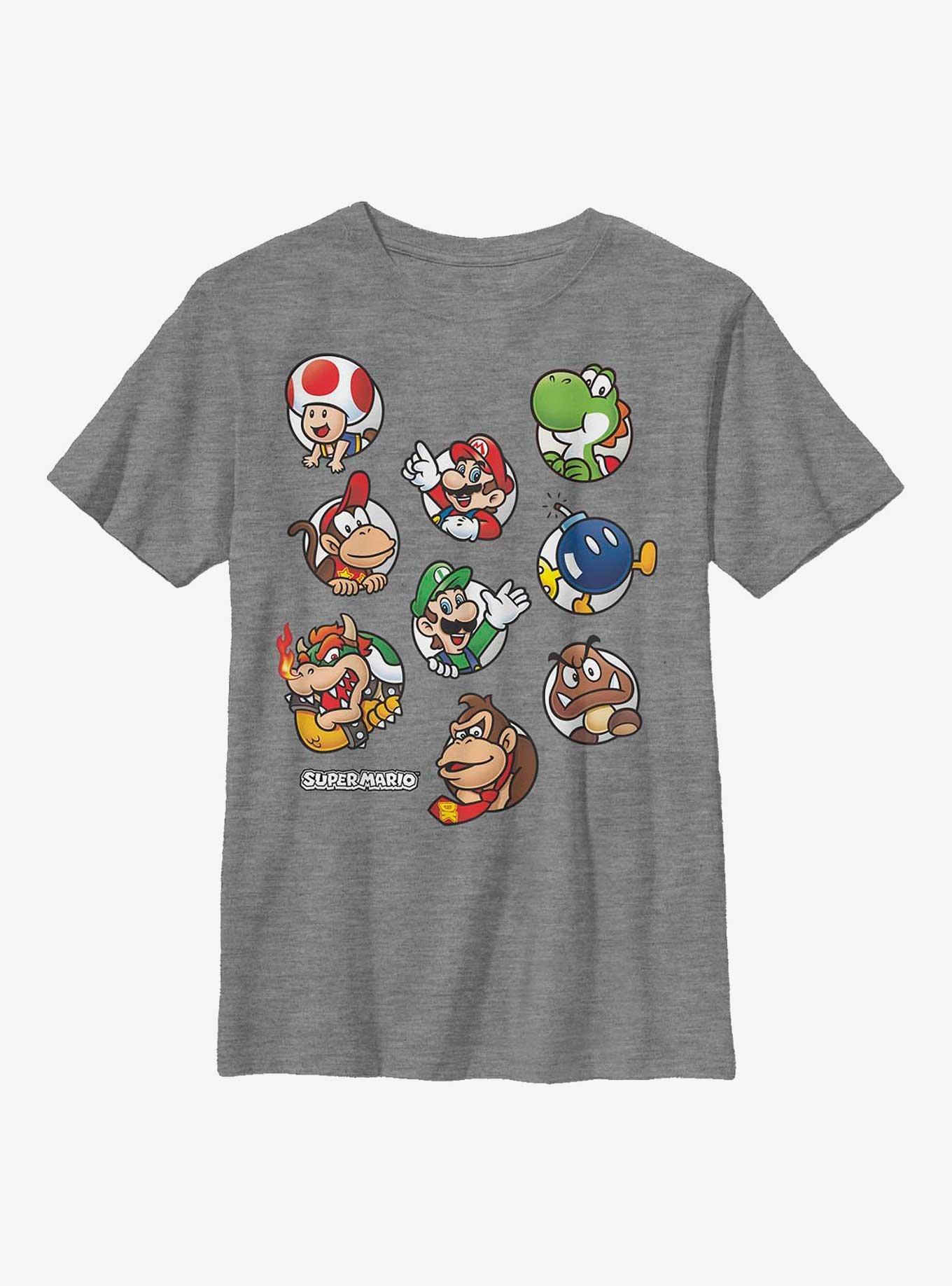 Nintendo Super Mario Scattered Head Icons Youth T-Shirt, ATH HTR, hi-res