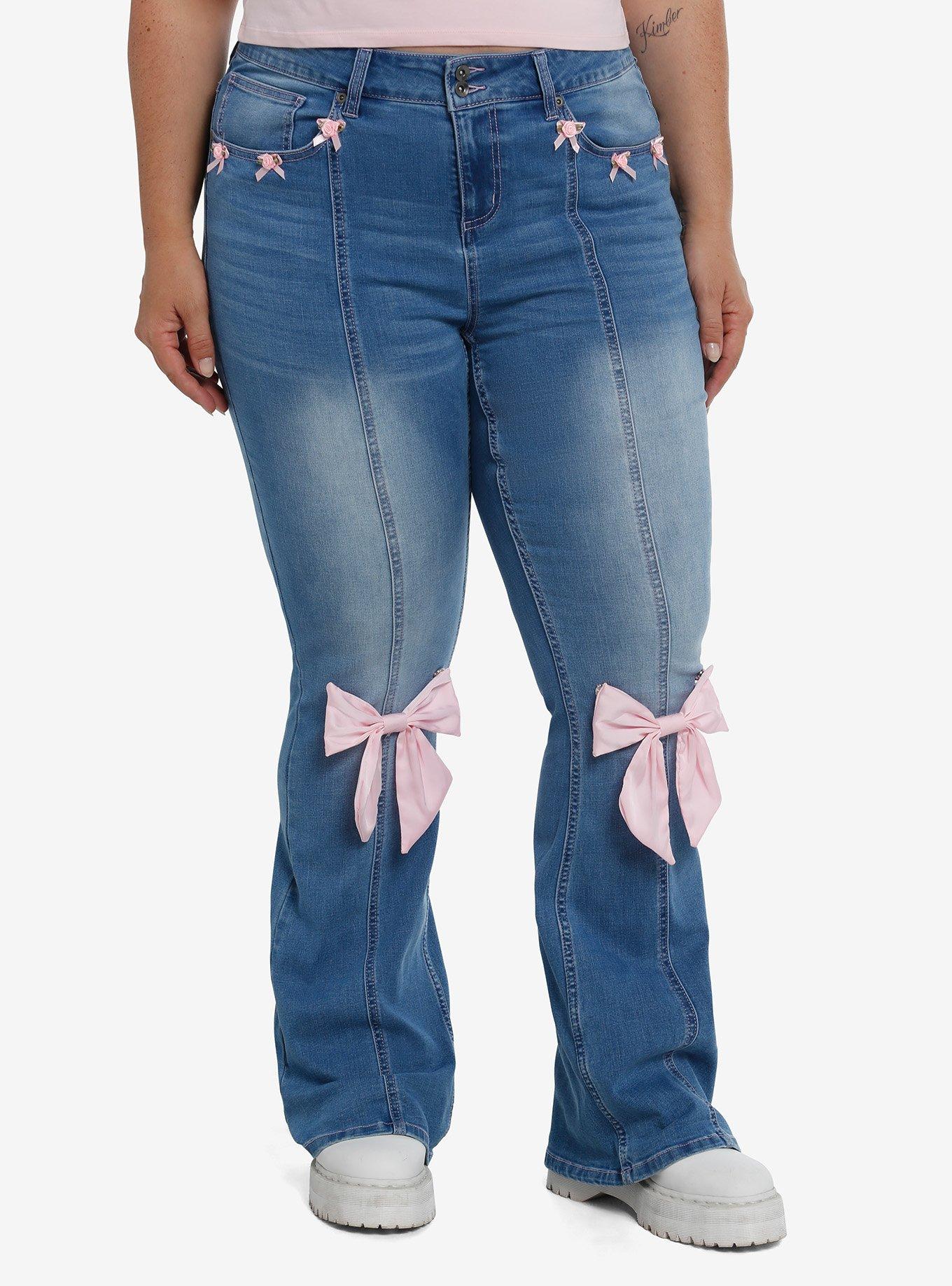 Pink Rosette Ribbon Jeans Plus Size, , hi-res