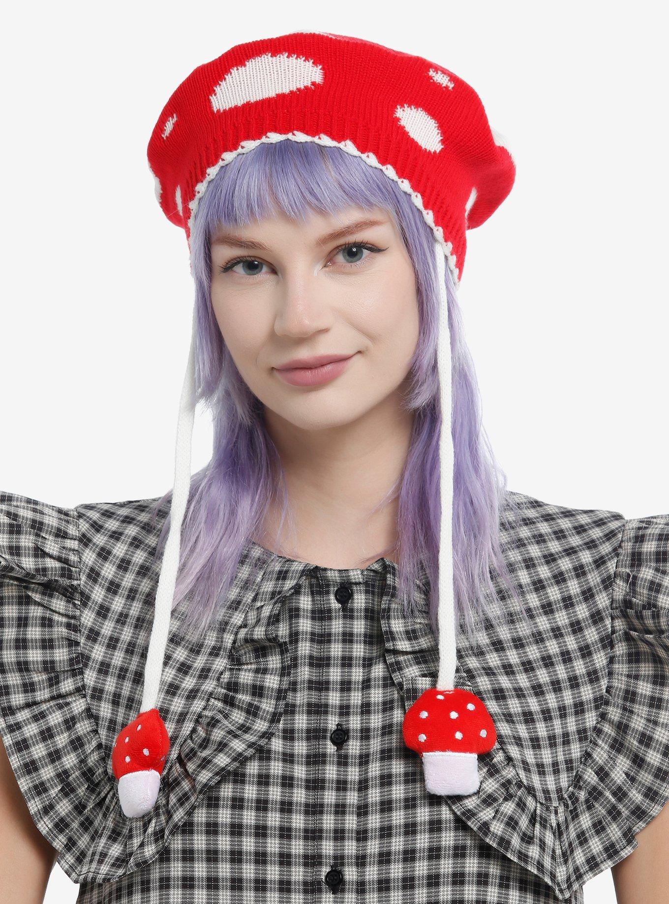 Red Mushroom Knit Tassel Beanie, , hi-res
