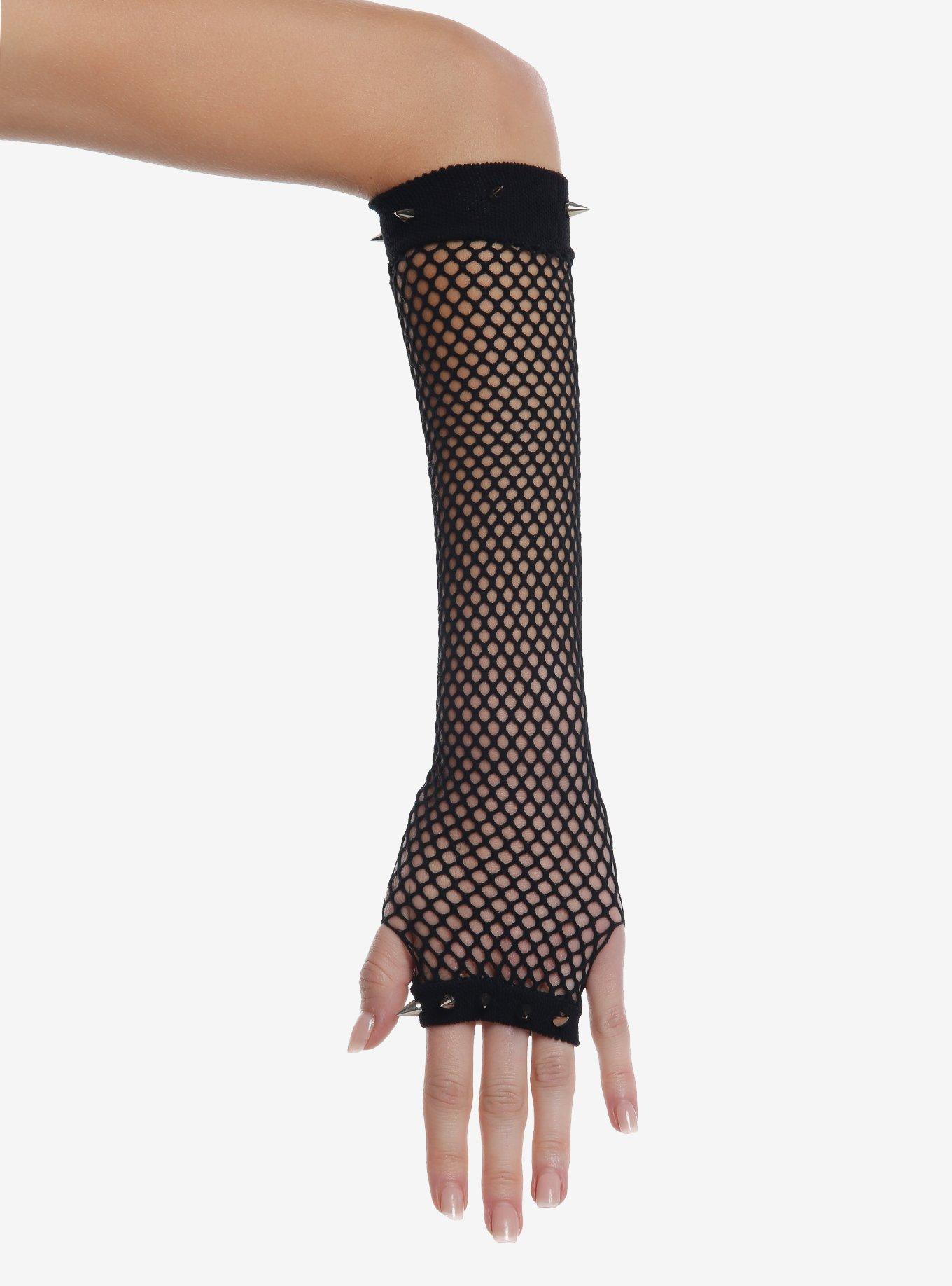 Black Fishnet Spike Stud Arm Warmers, , hi-res