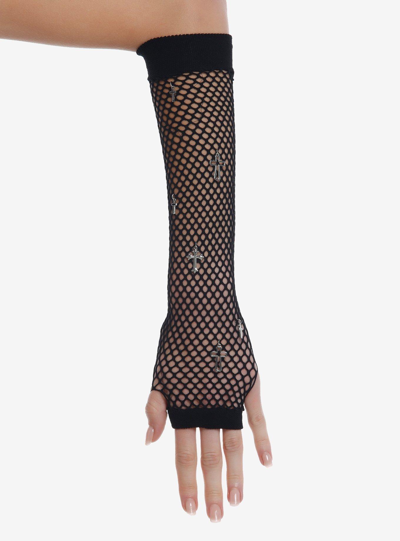 Black Fishnet Cross Charm Arm Warmers, , hi-res