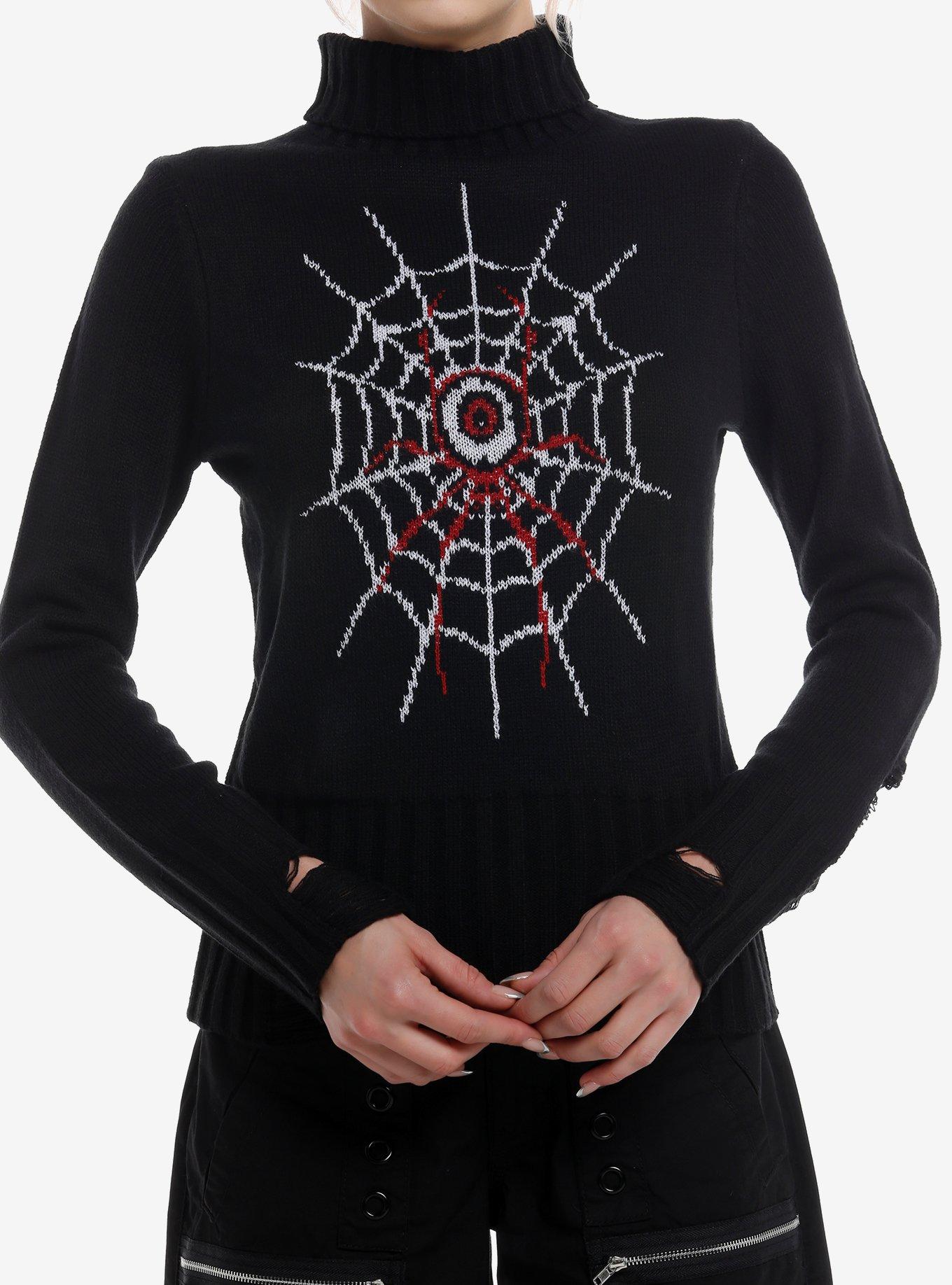 Social Collision Eyeball Spider Distressed Girls Turtleneck Sweater, , hi-res