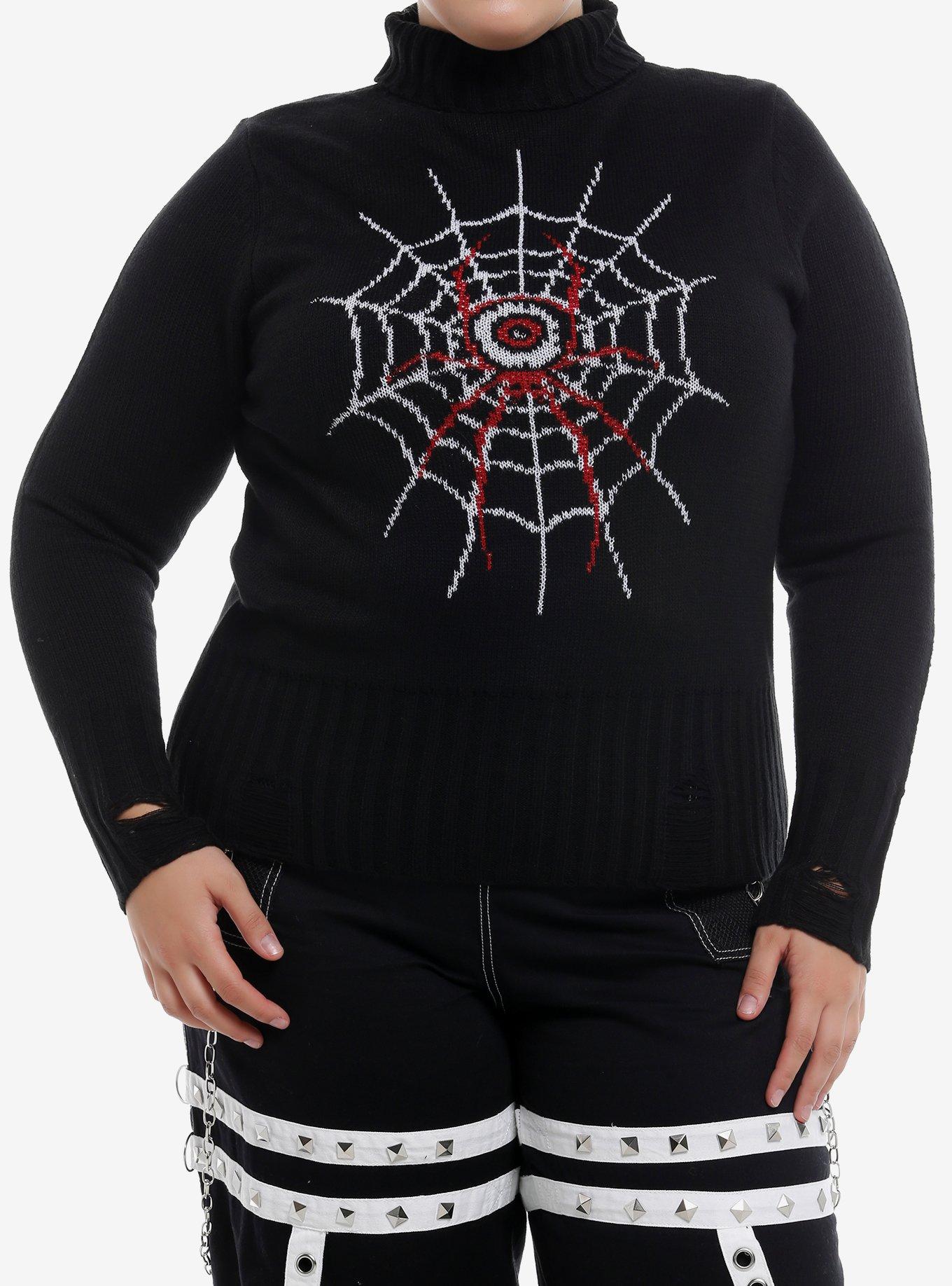 Social Collision Eyeball Spider Distressed Girls Turtleneck Sweater Plus Size, , hi-res