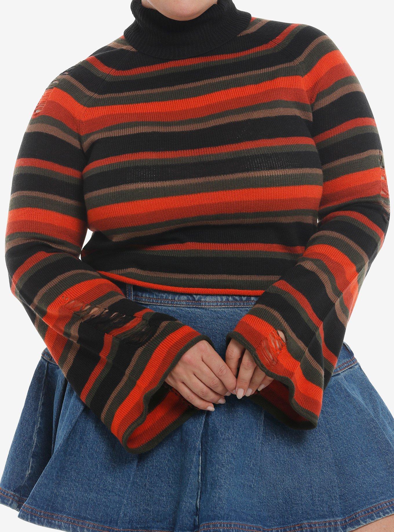 Sweet Society Orange & Brown Stripe Distressed Crop Girls Turtleneck Sweater Plus