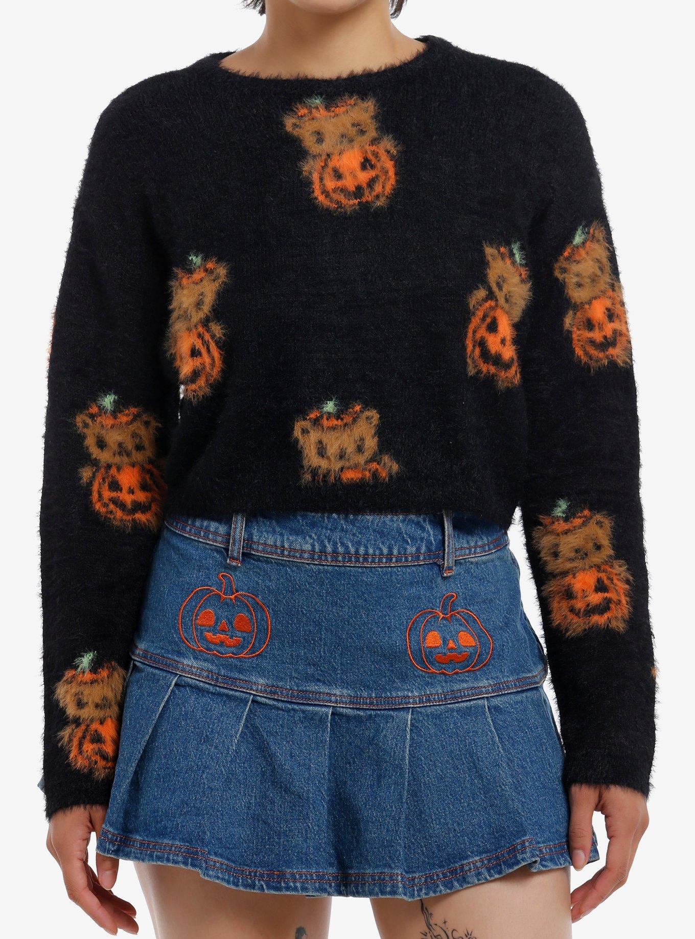 Sweet Society Teddy Pumpkin Girls Fuzzy Crop Sweater, BLACK, hi-res