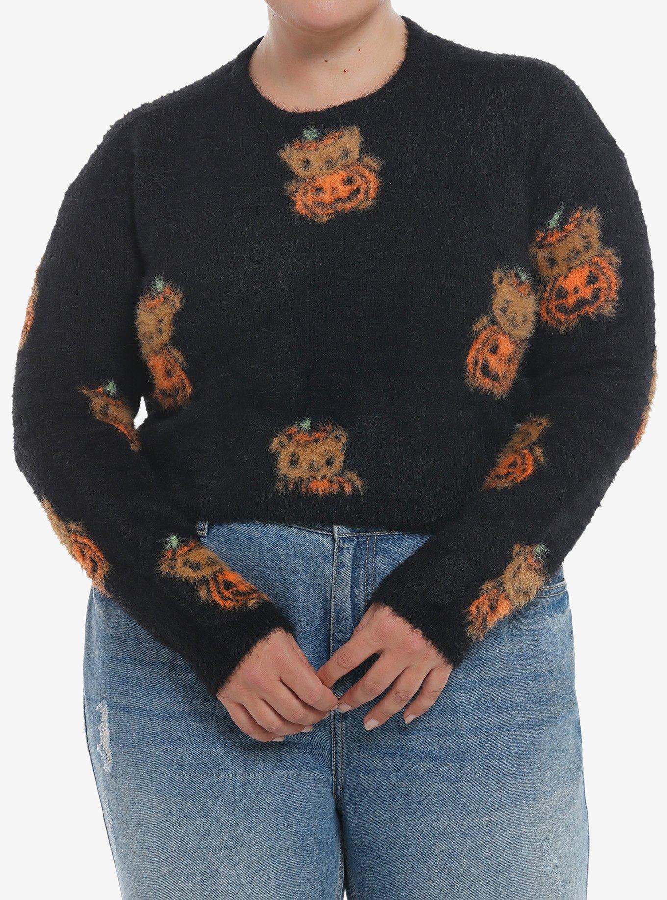 Sweet Society Teddy Pumpkin Girls Fuzzy Crop Sweater Plus Size, BLACK, hi-res