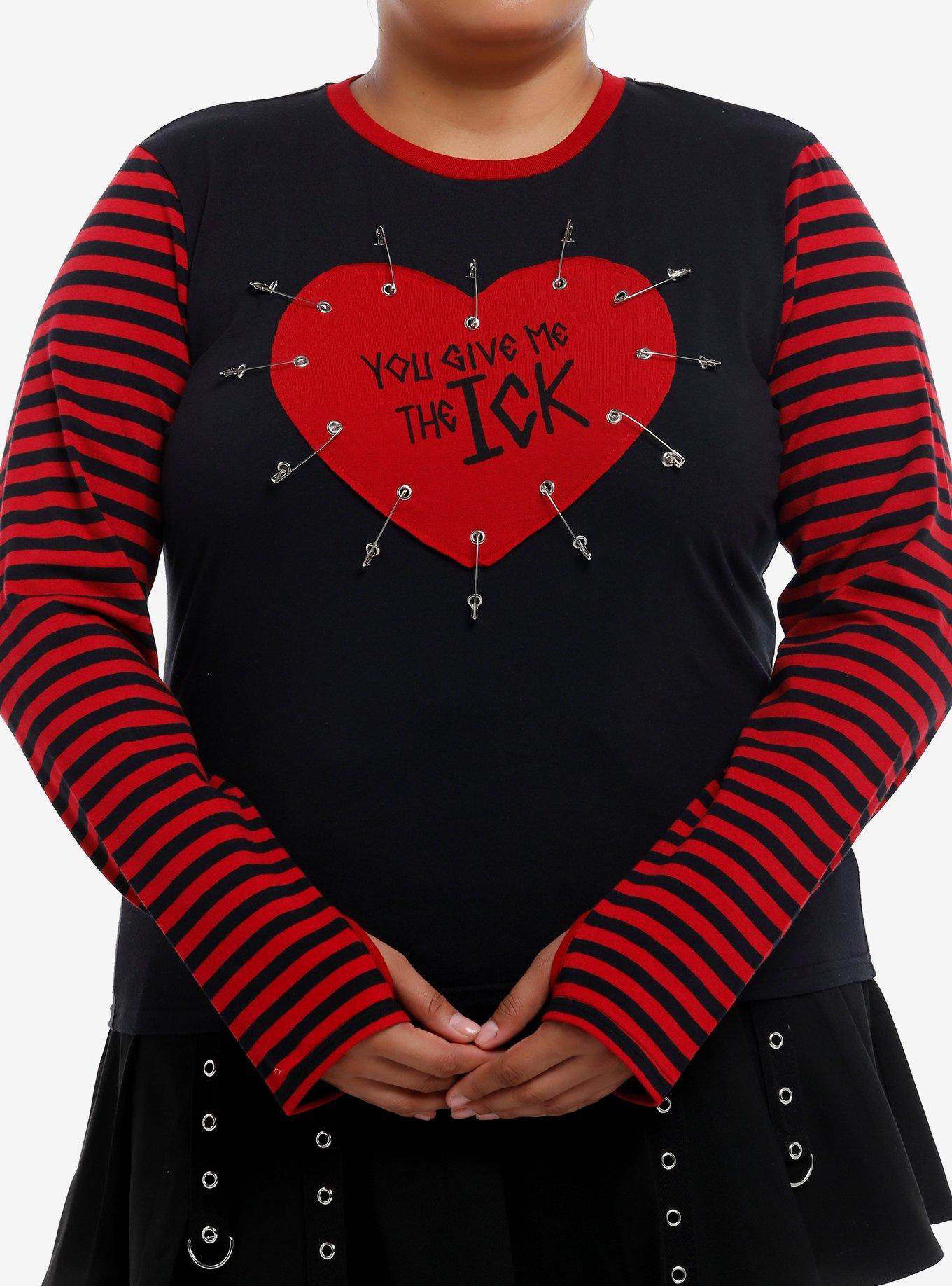 Social Collison Red & Black Stripe Ick Girls Long-Sleeve Top Plus Size, RED, hi-res