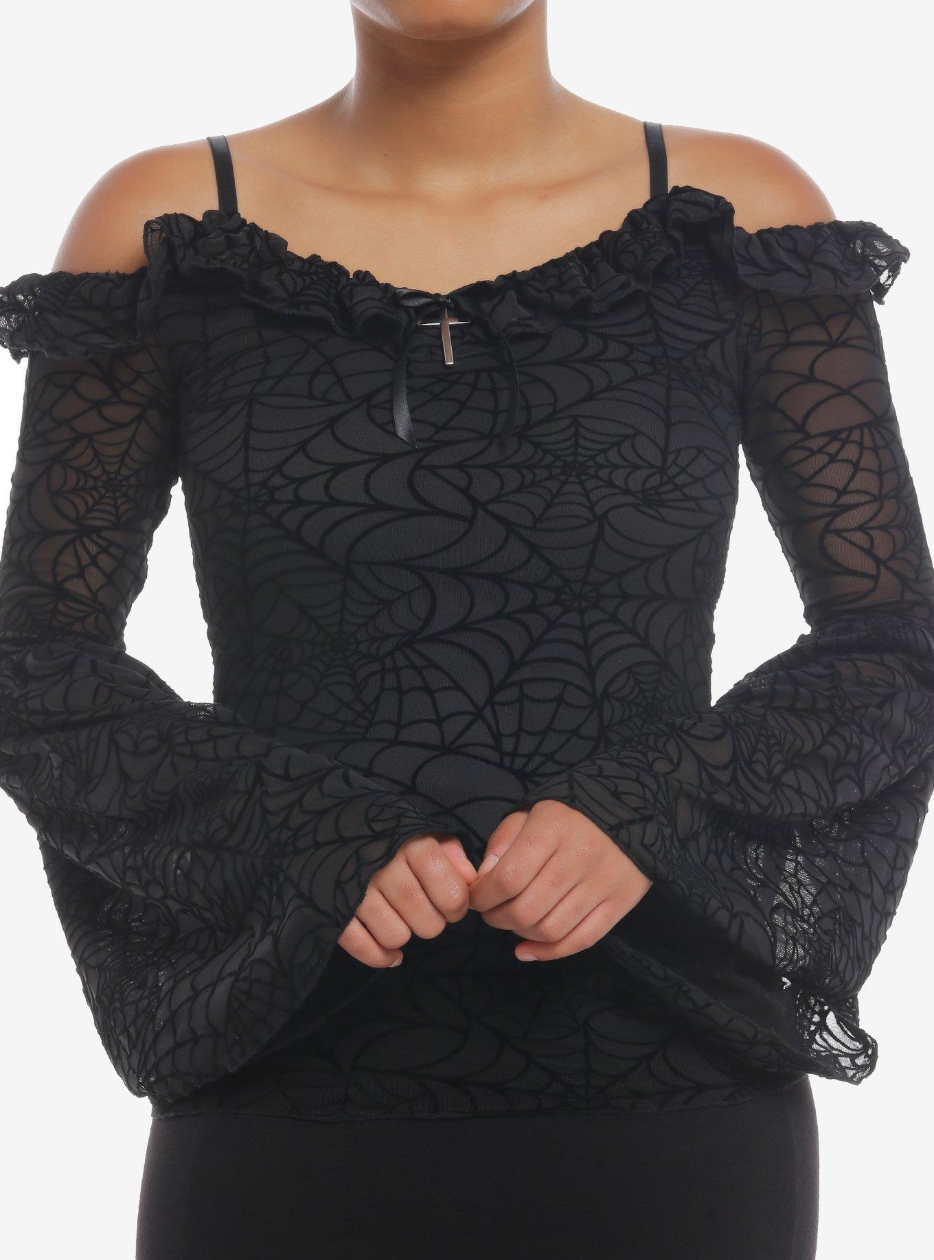 Cosmic Aura Spiderweb Cold Shoulder Girls Bell Sleeve Top, , hi-res