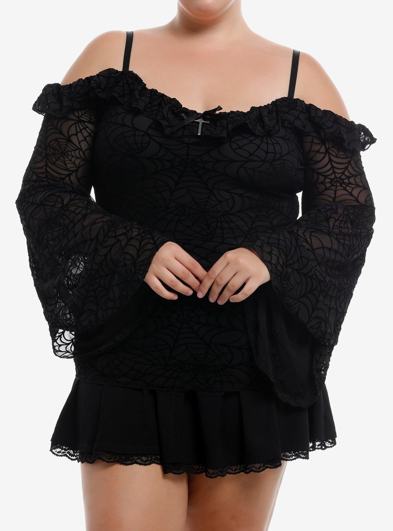 Cosmic Aura Spiderweb Cold Shoulder Girls Bell Sleeve Top Plus Size, , hi-res