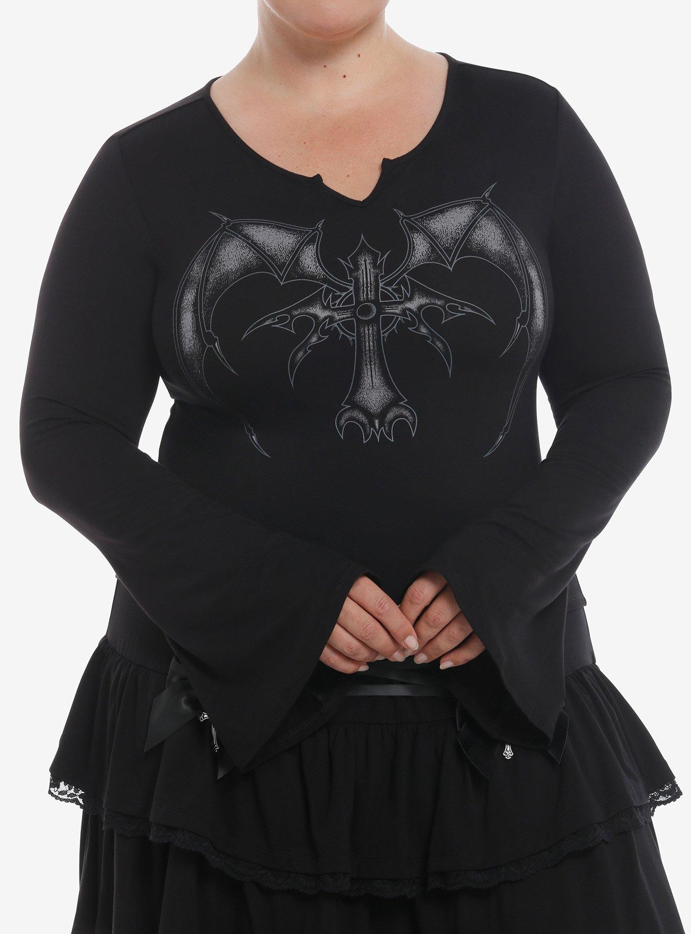 Cosmic Aura Bat Wing Cross Girls Bell Sleeve Top Plus Size, BLACK, hi-res