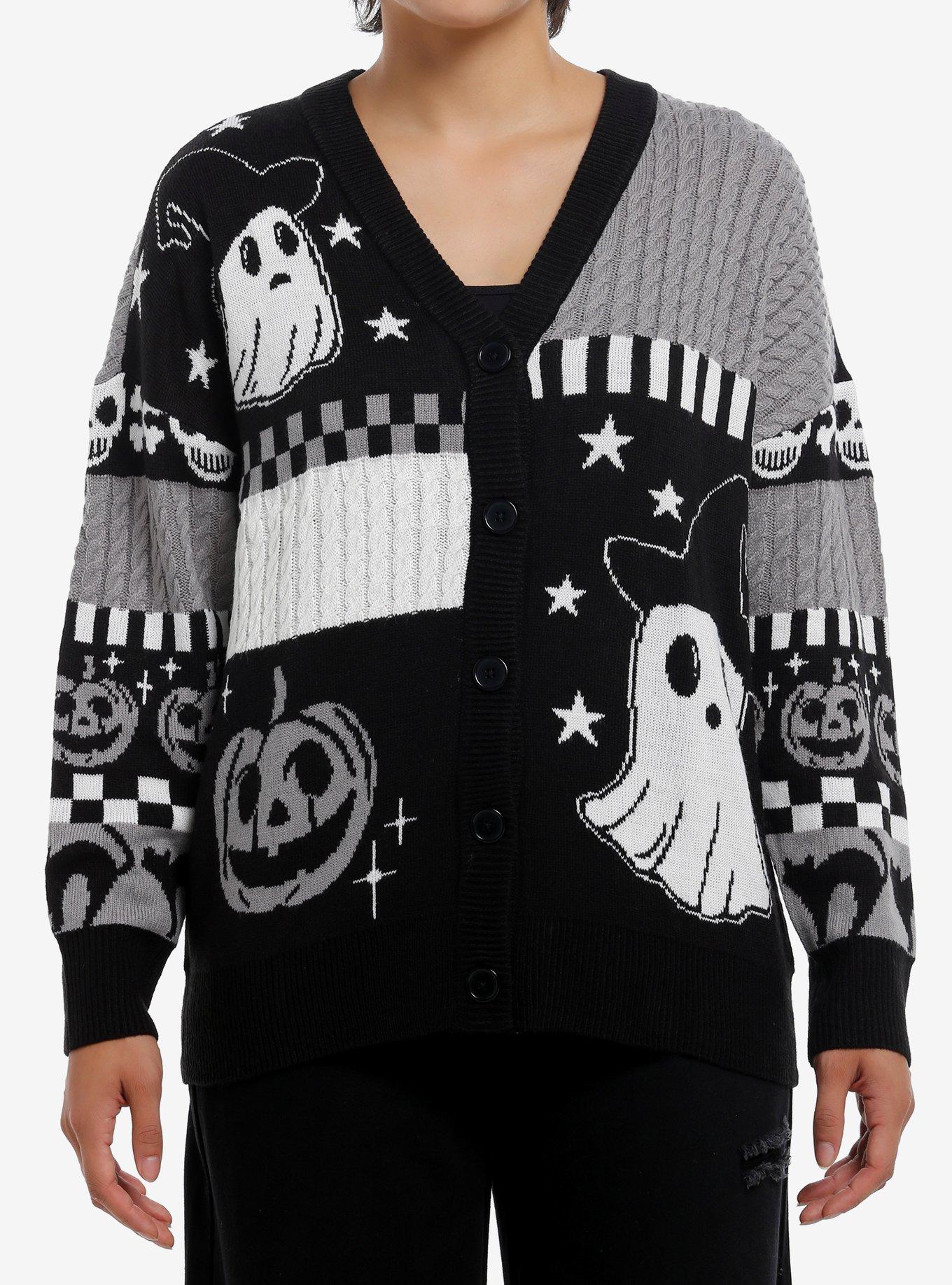 Sweet Society Black & White Ghost Patchwork Girls Cardigan, , hi-res