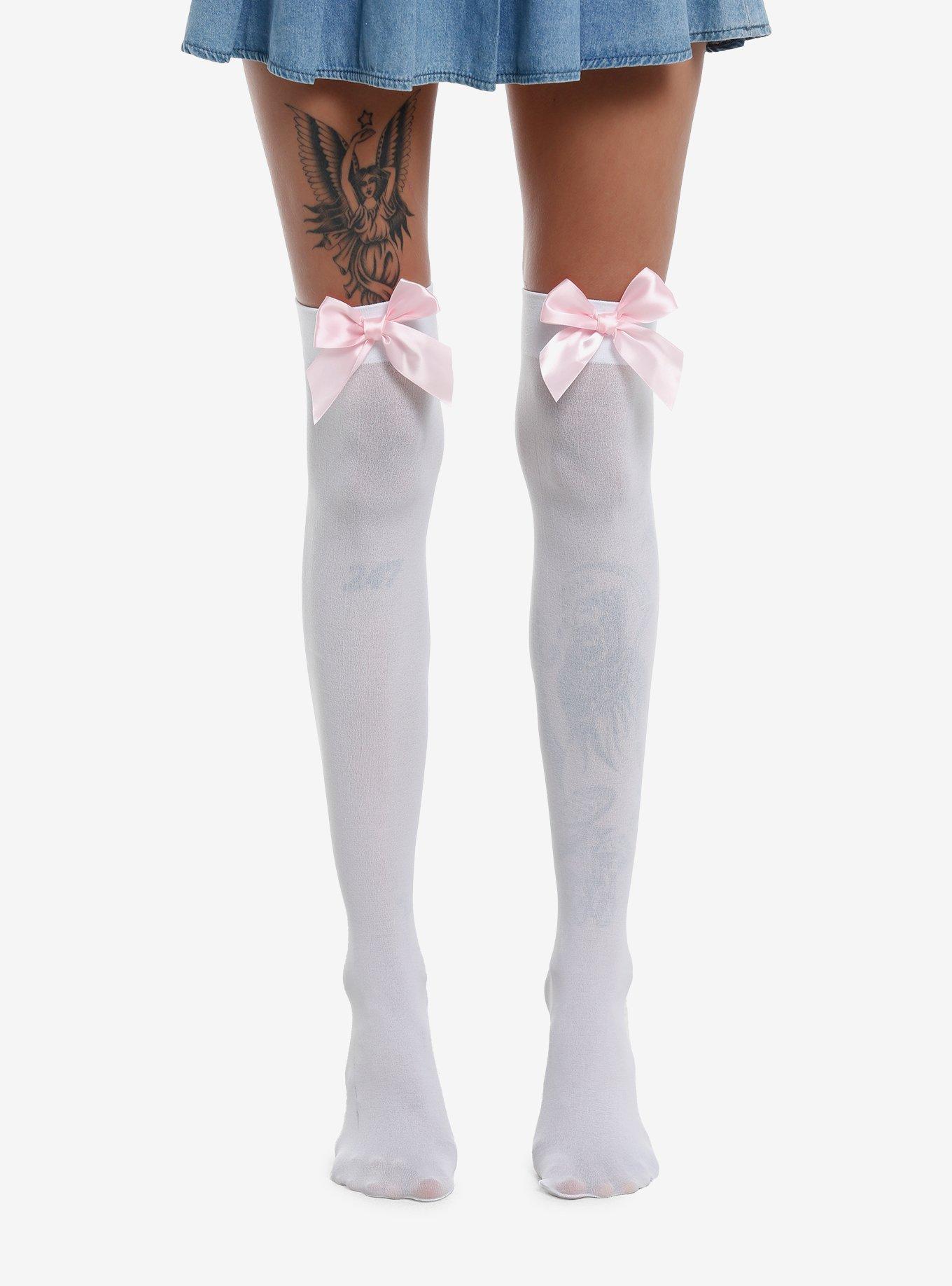 White & Pink Cat Paw Bow Thigh Highs, , hi-res