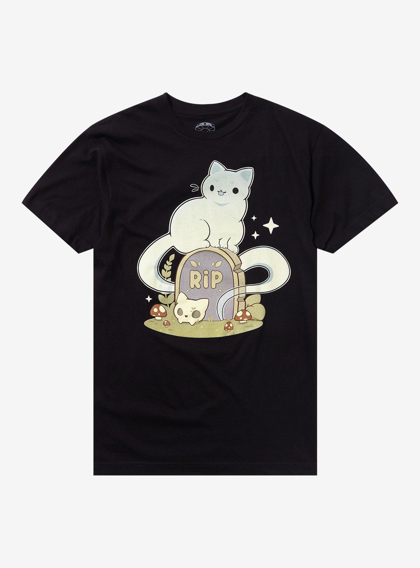 Cat Ghost Tombstone T-Shirt By Rihnlin, BLACK, hi-res