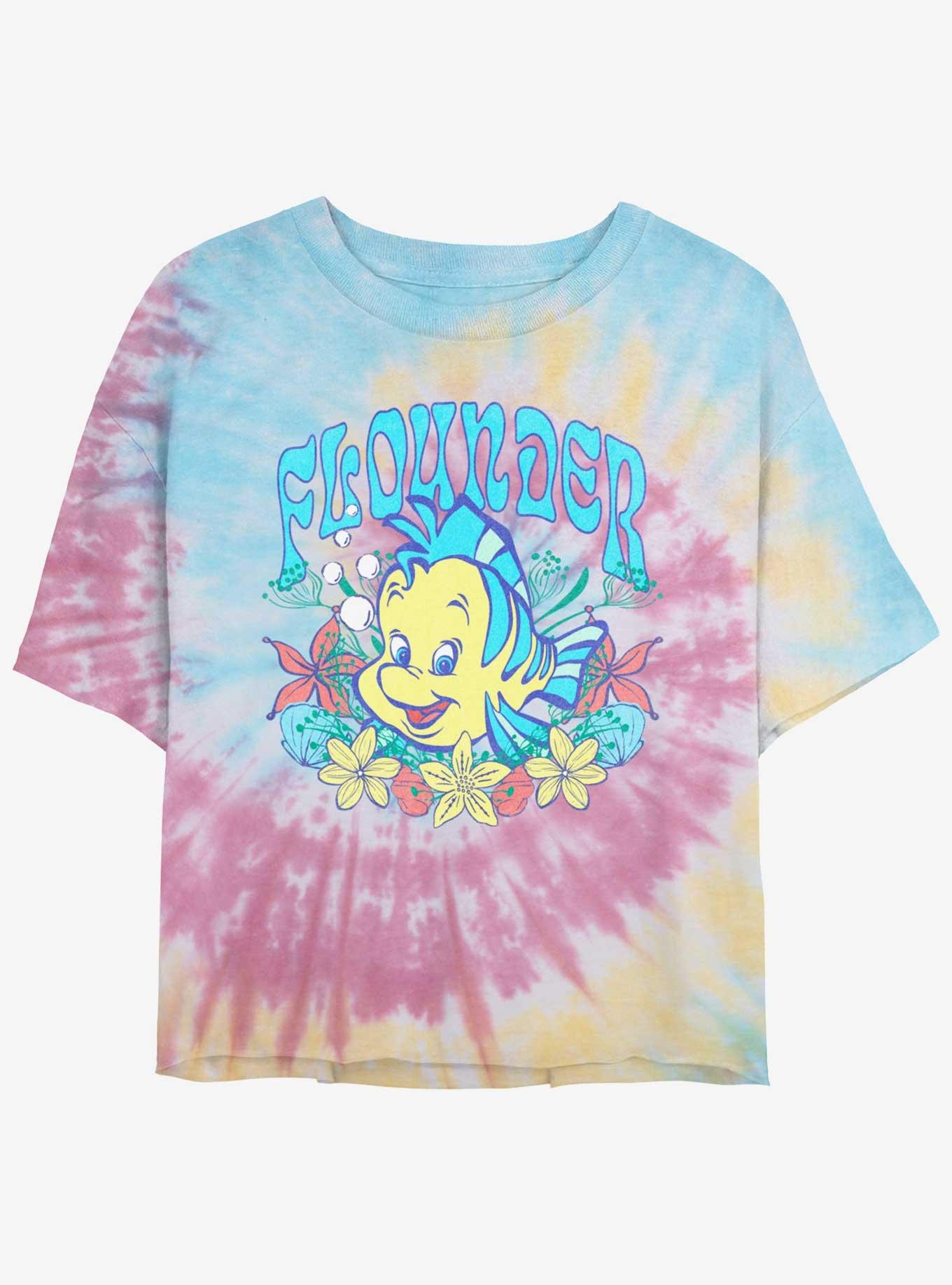 Disney The Little Mermaid Flounder Floral Wreath Girls Tie-Dye Crop T-Shirt, , hi-res