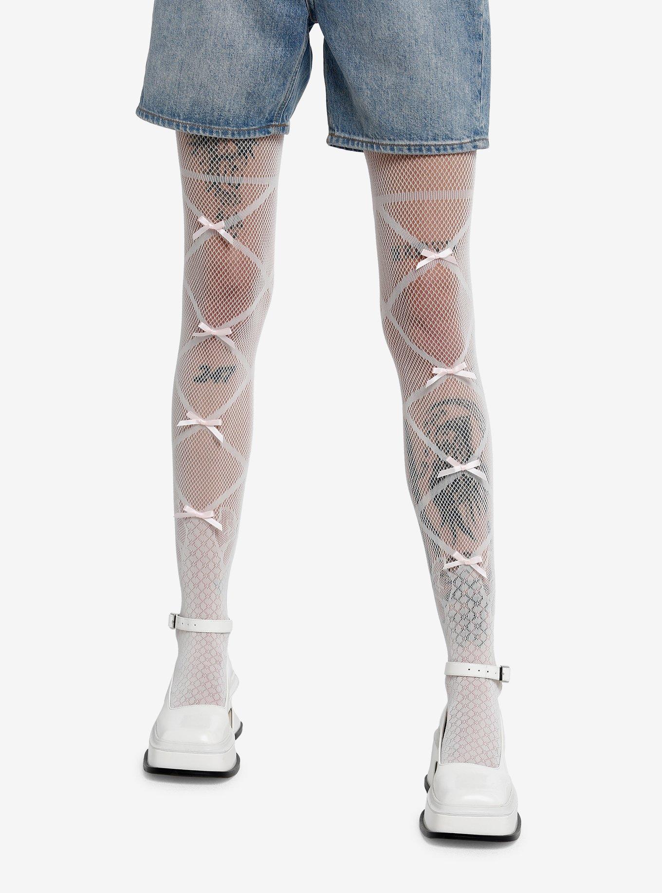 Cream Pink Bow Crisscross Fishnet Tights | Hot Topic