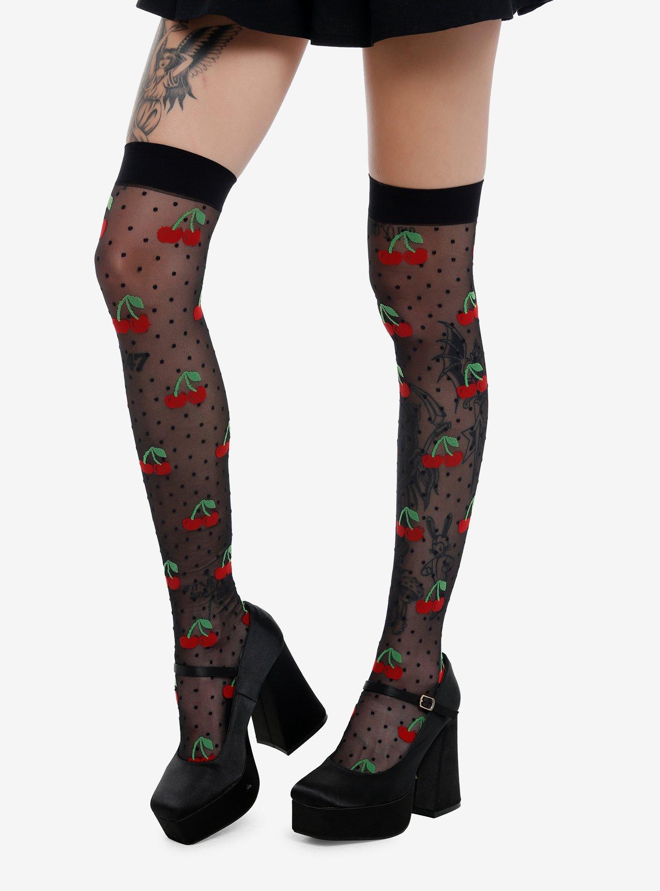 Leg Avenue Black Cherry Polka Dot Thigh Highs, , hi-res