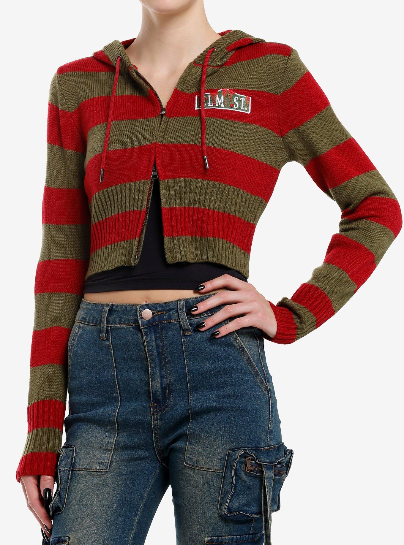 A Nightmare On Elm Street Stripe Girls Crop Knit Hoodie, , hi-res