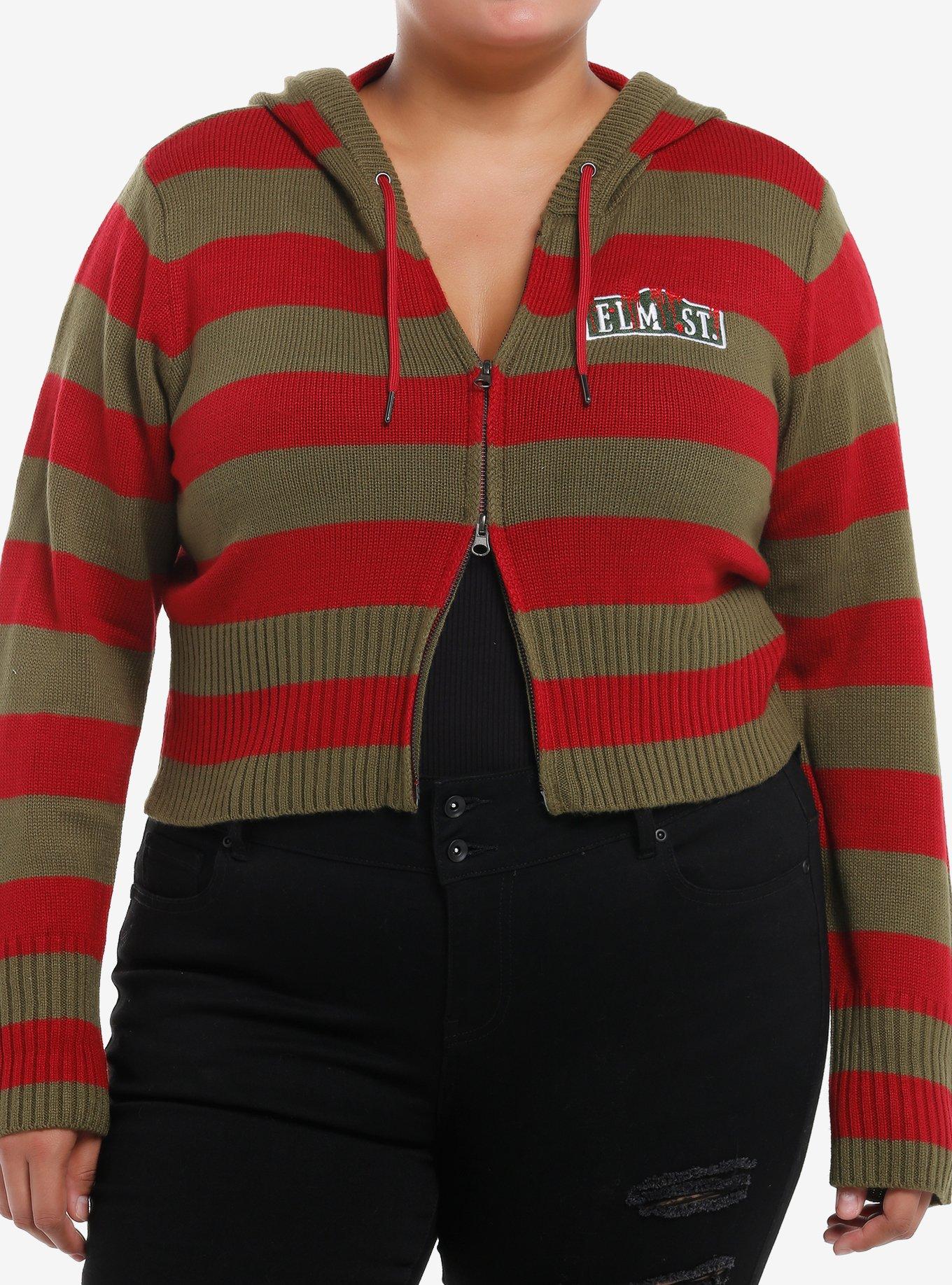 A Nightmare On Elm Street Stripe Girls Crop Knit Hoodie Plus Size, , hi-res