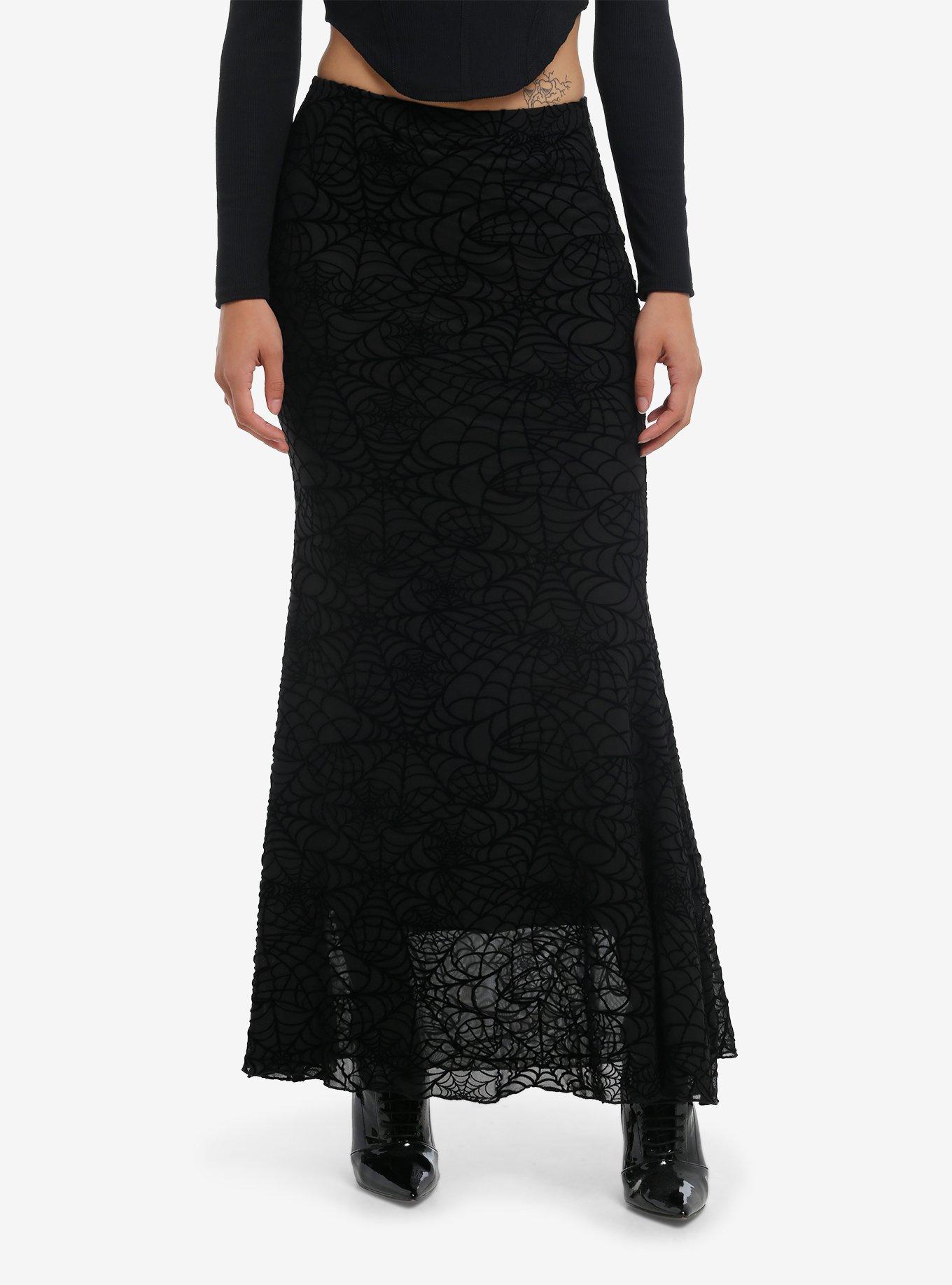 Cosmic Aura Black Velvet Spiderweb Maxi Mermaid Skirt