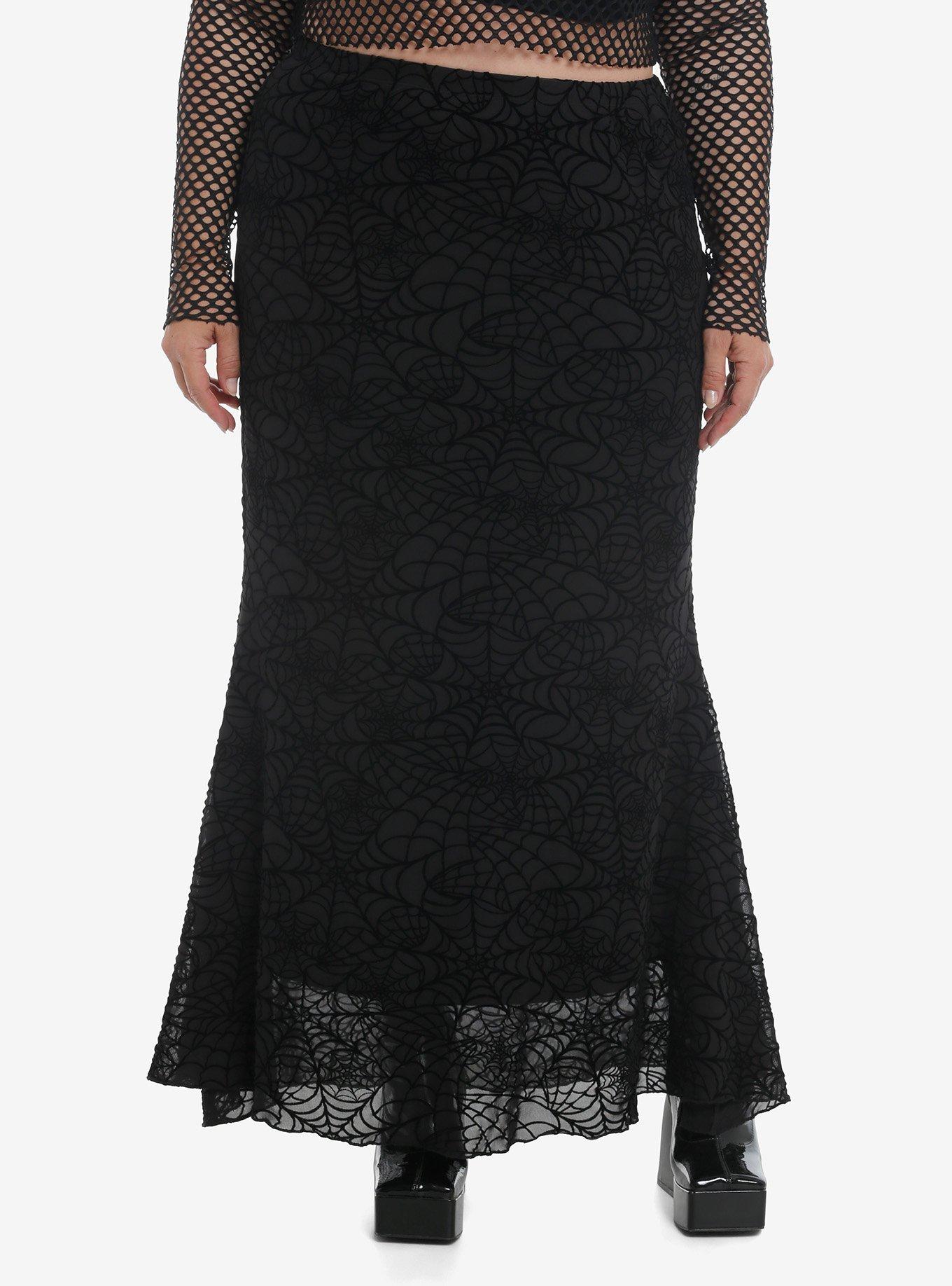 Cosmic Aura Black Velvet Spiderweb Maxi Mermaid Skirt Plus Size, , hi-res