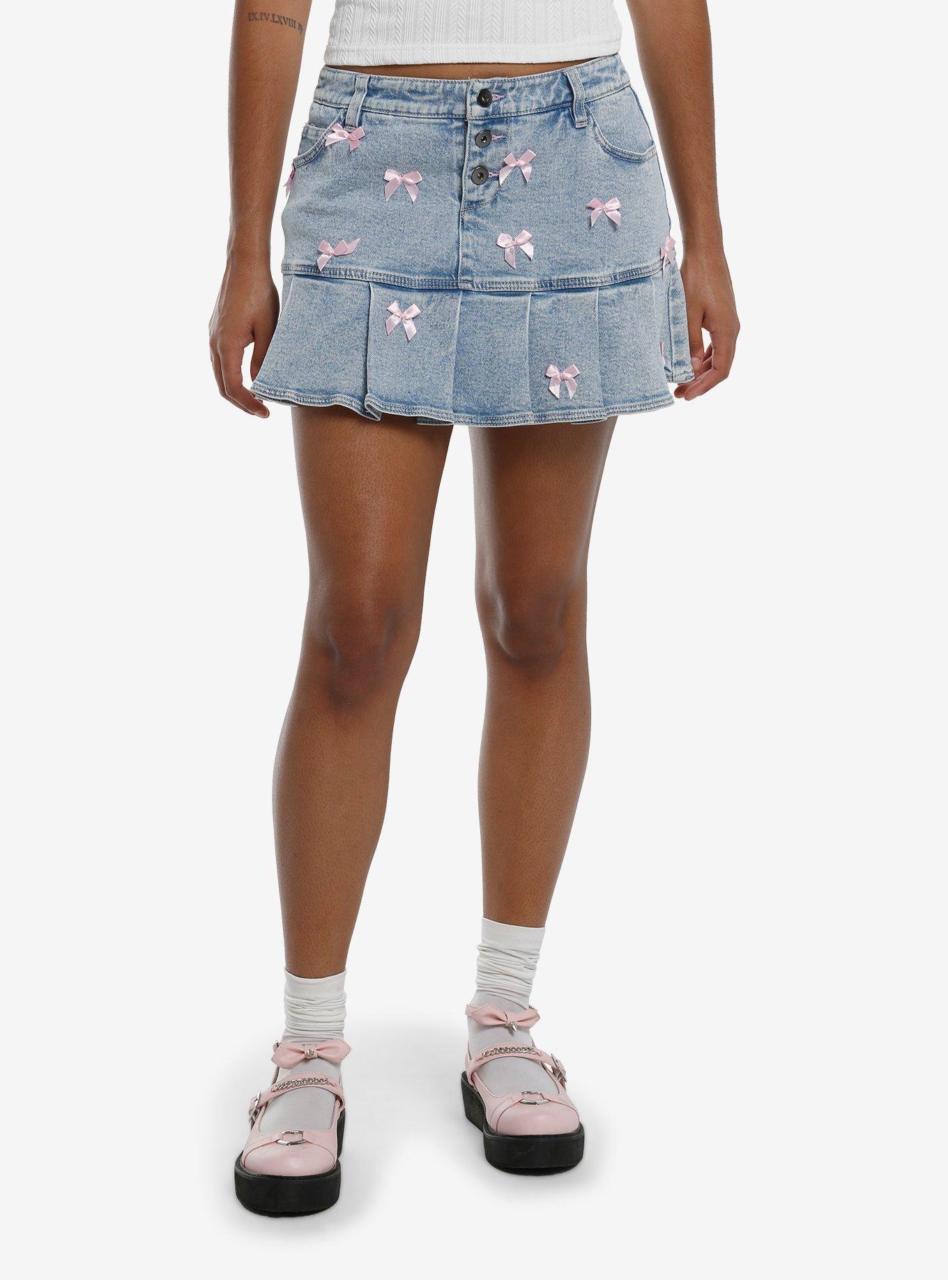 Sweet Society Light Blue Denim & Pink Bow Pleated Mini Skirt, , hi-res